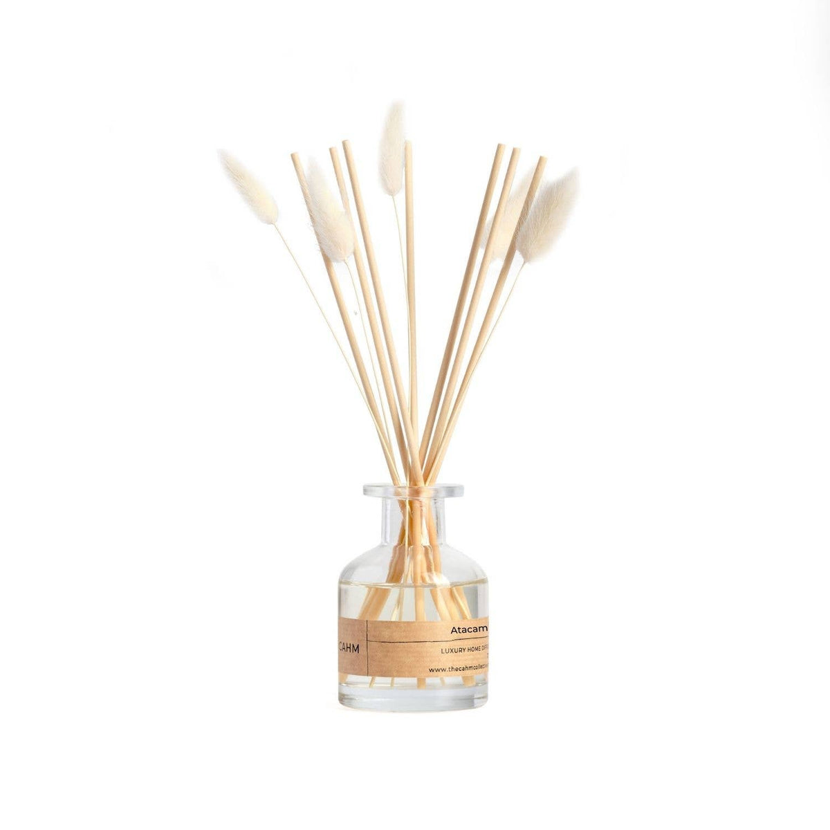 Reed diffuser with clear glass bottle and bundled light wood reeds