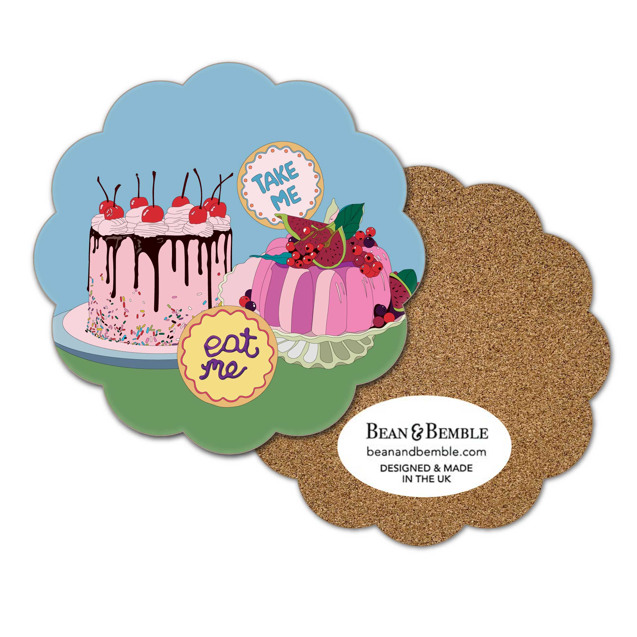 Alice in Wonderland Eat Me scallop coaster with pink cakes, cherries, berries and illustrated Eat Me and Take Me biscuits.