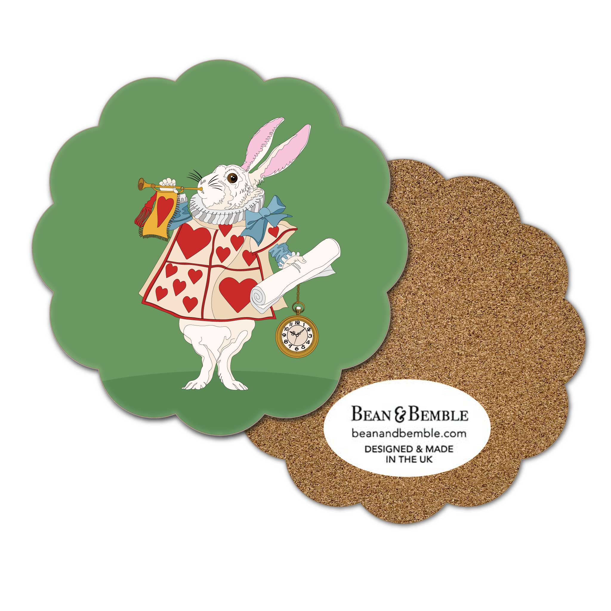 Alice in Wonderland White Rabbit scallop coaster with illustrated rabbit, trumpet, scroll and pocket watch on a green background.