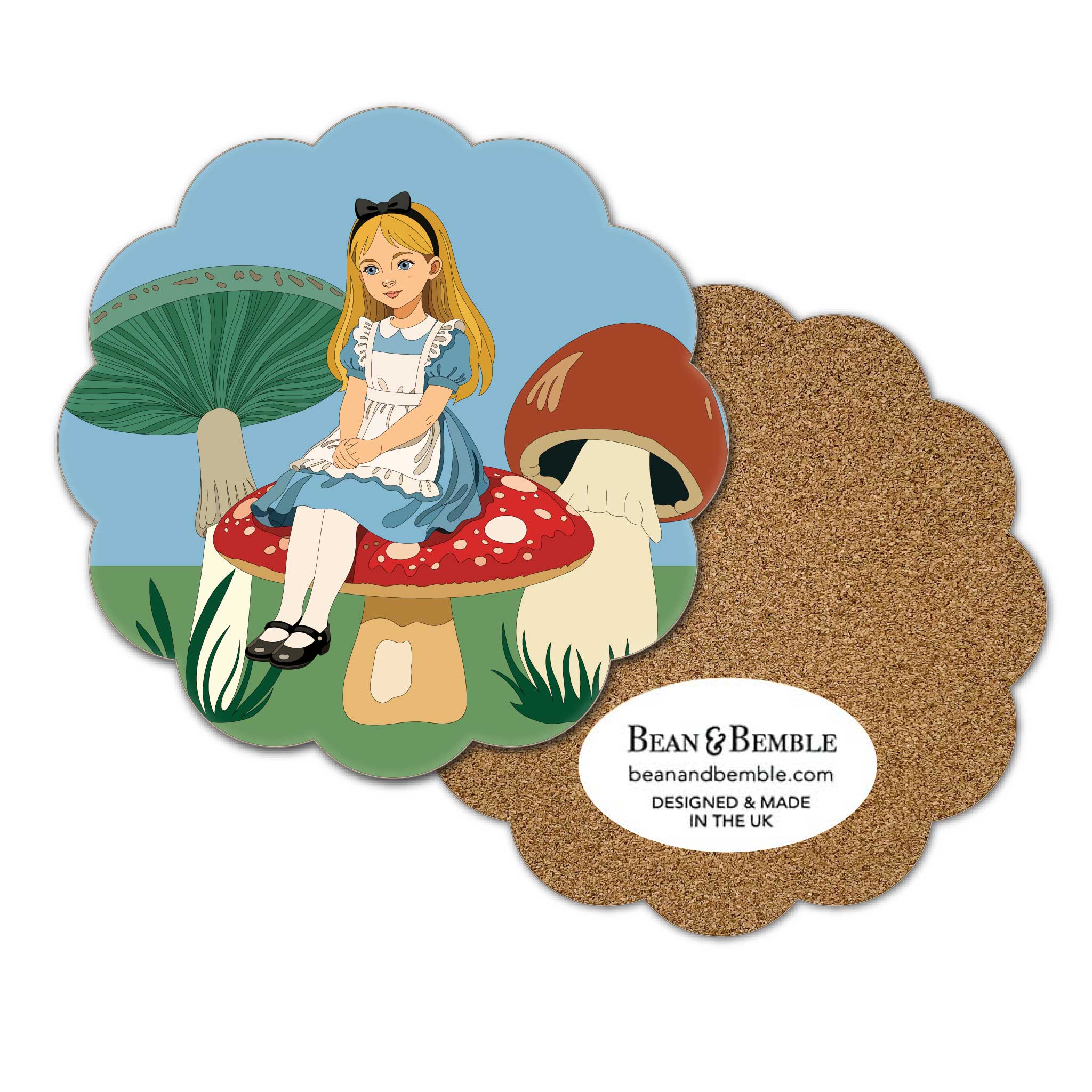 Scallop-shaped cork coaster with Alice artwork and Bean & Bemble text