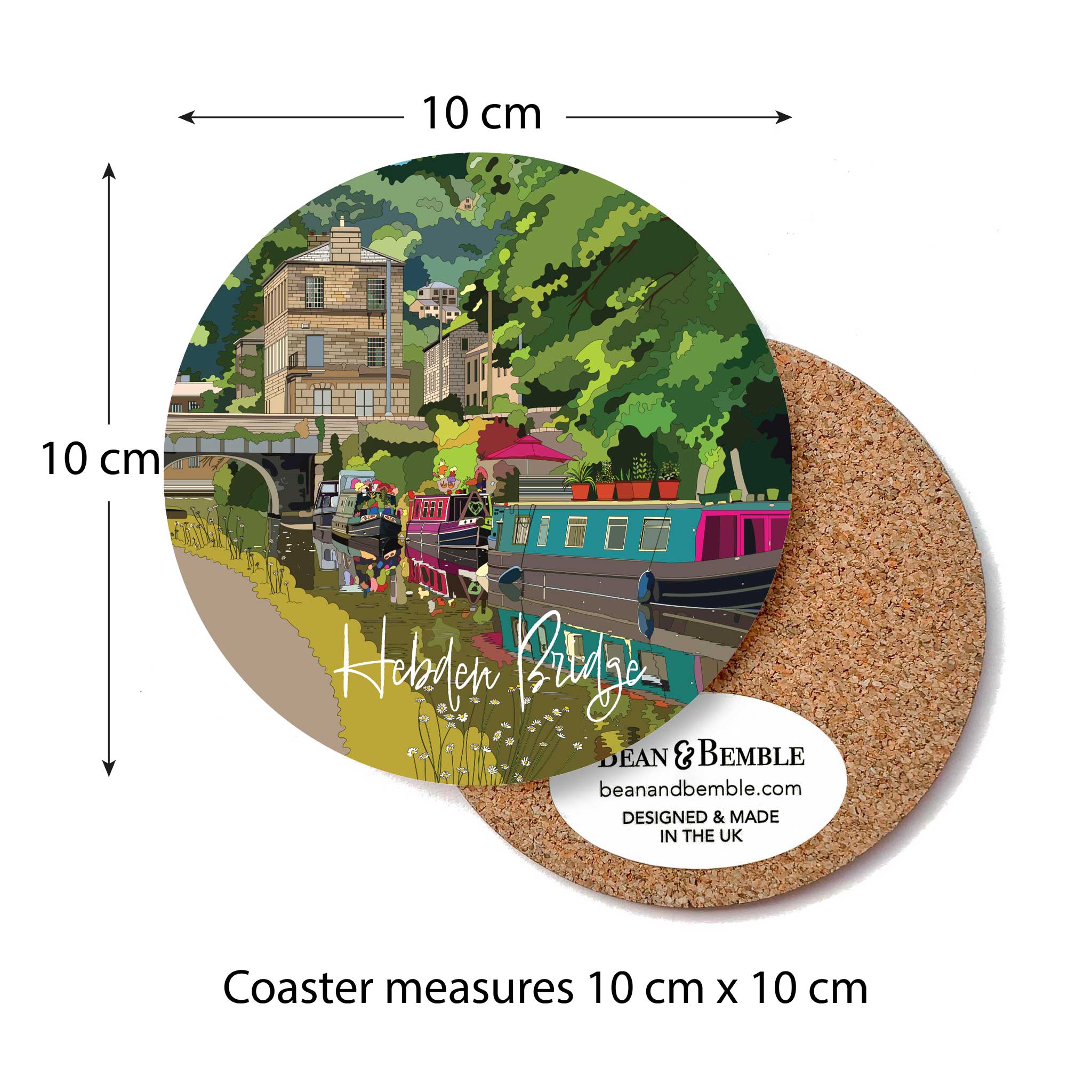 Round melamine coaster showing canal scene with cork backing, 10 cm x 10 cm