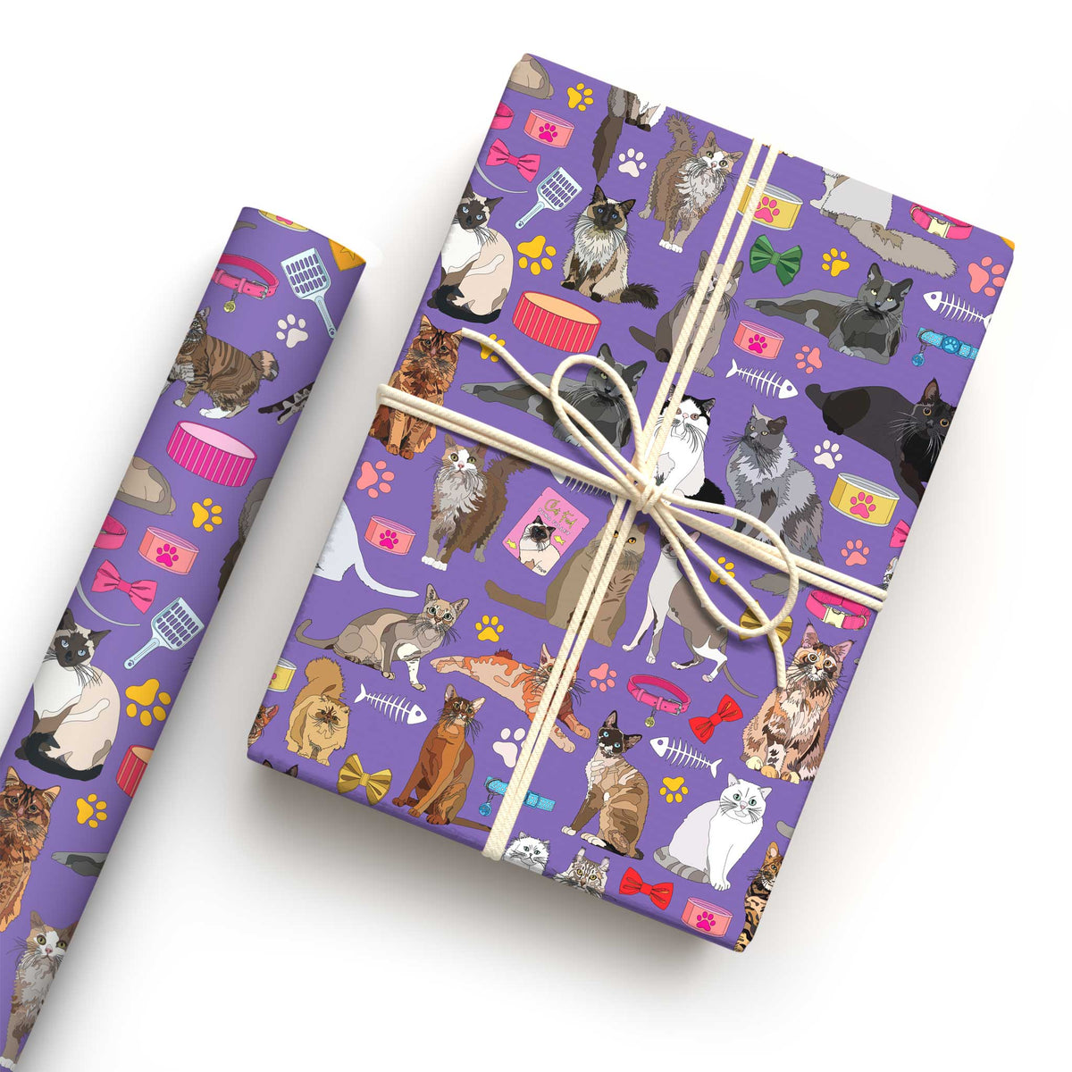 Purple cat patterned gift wrap with wrapped present and roll, featuring colourful cats, paw prints, collars, bows and fish bones.