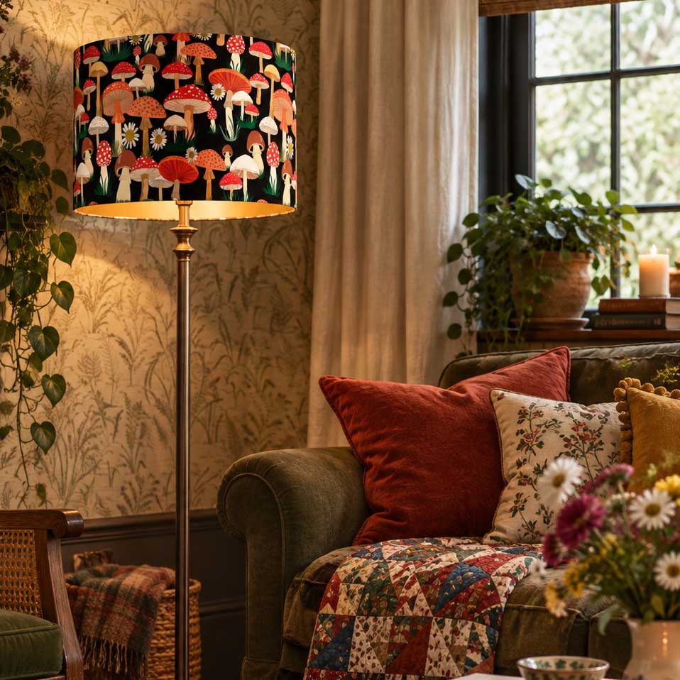 Black mushroom velvet floor lamp shade styled in a cosy cottagecore living room with warm lighting, botanical wallpaper and layered soft furnishings.
