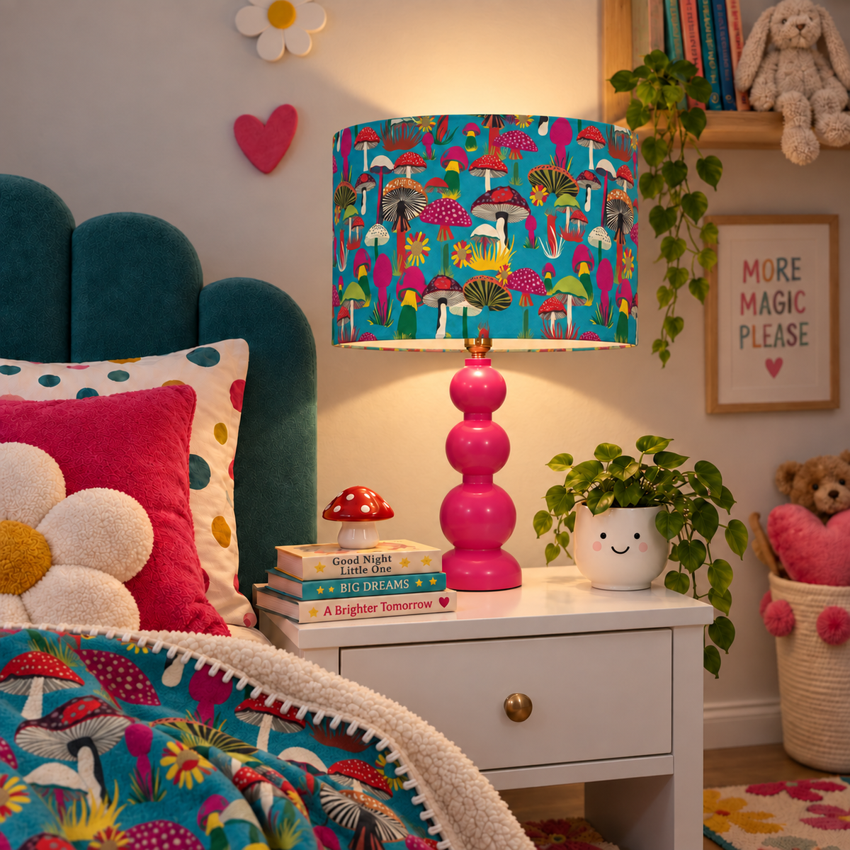 A colorful children's bedroom scene featuring a bright pink and turquoise mushroom-patterned table lamp on a white nightstand next to a teal velvet bed headboard and matching patterned bedding.