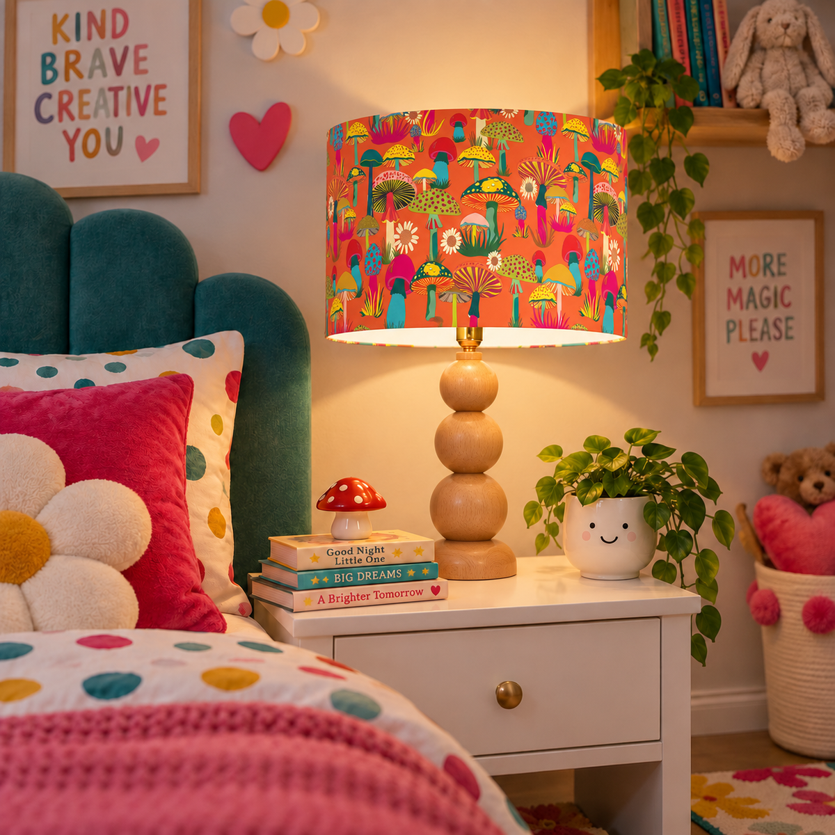 Orange mushroom velvet bedside lampshade with colourful hand-illustrated toadstools and flowers, styled on a natural wood lamp base in a playful children’s bedroom.