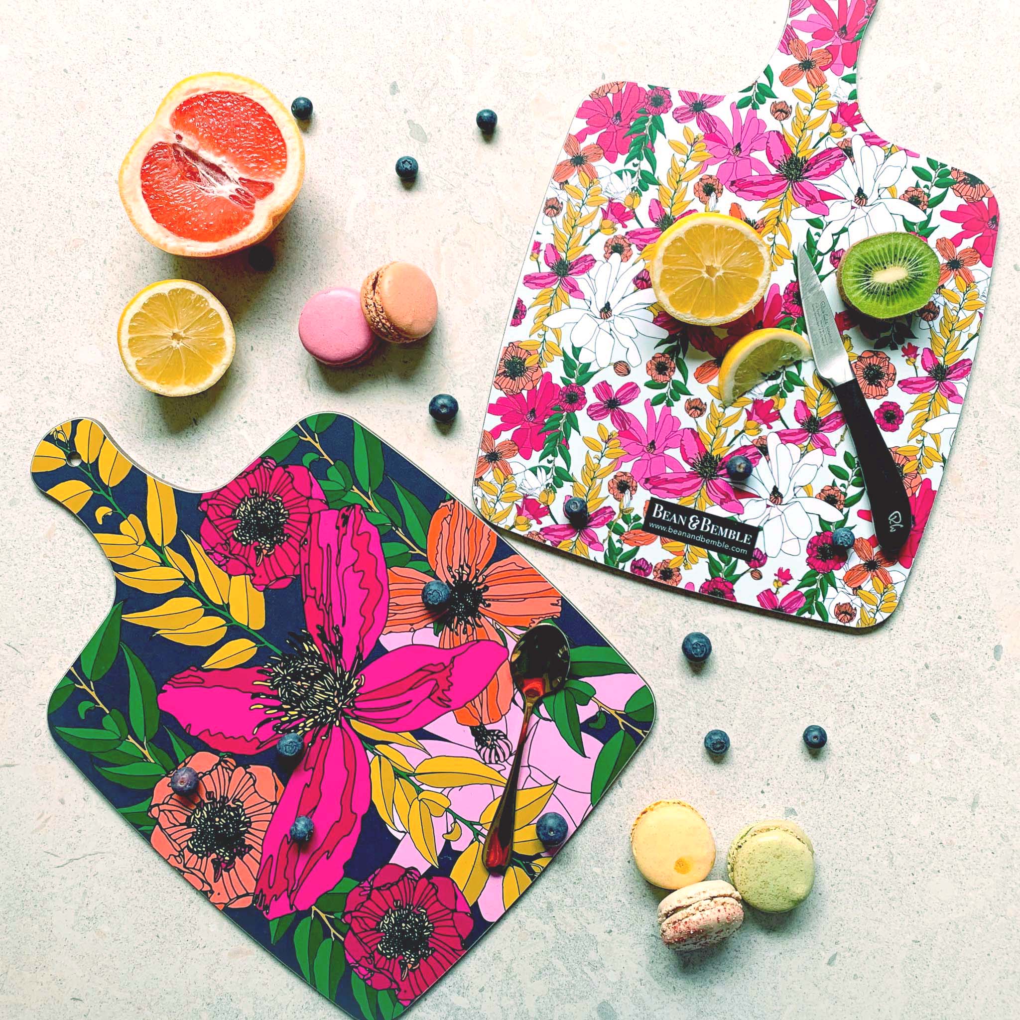 Colourful melamine serving platter or cheese board with bright pink floral design. Heatproof and stain resistant.