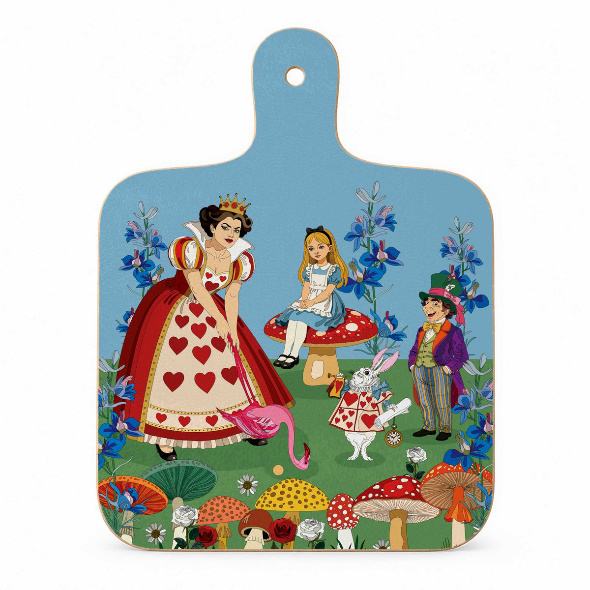Double sided Mini melamine chopping board with illustrations of Alice in Wonderland, the queen of hearts, mad hatter, white rabbit and mushrooms.