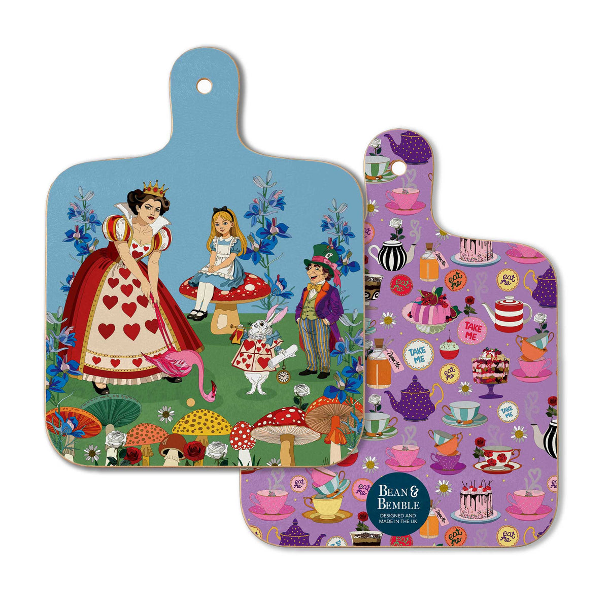 Double sided Mini melamine chopping board with illustrations of Alice in Wonderland, the queen of hearts, mad hatter, white rabbit and mushrooms. Reverse is lilac with a cakes and puddings pattern.