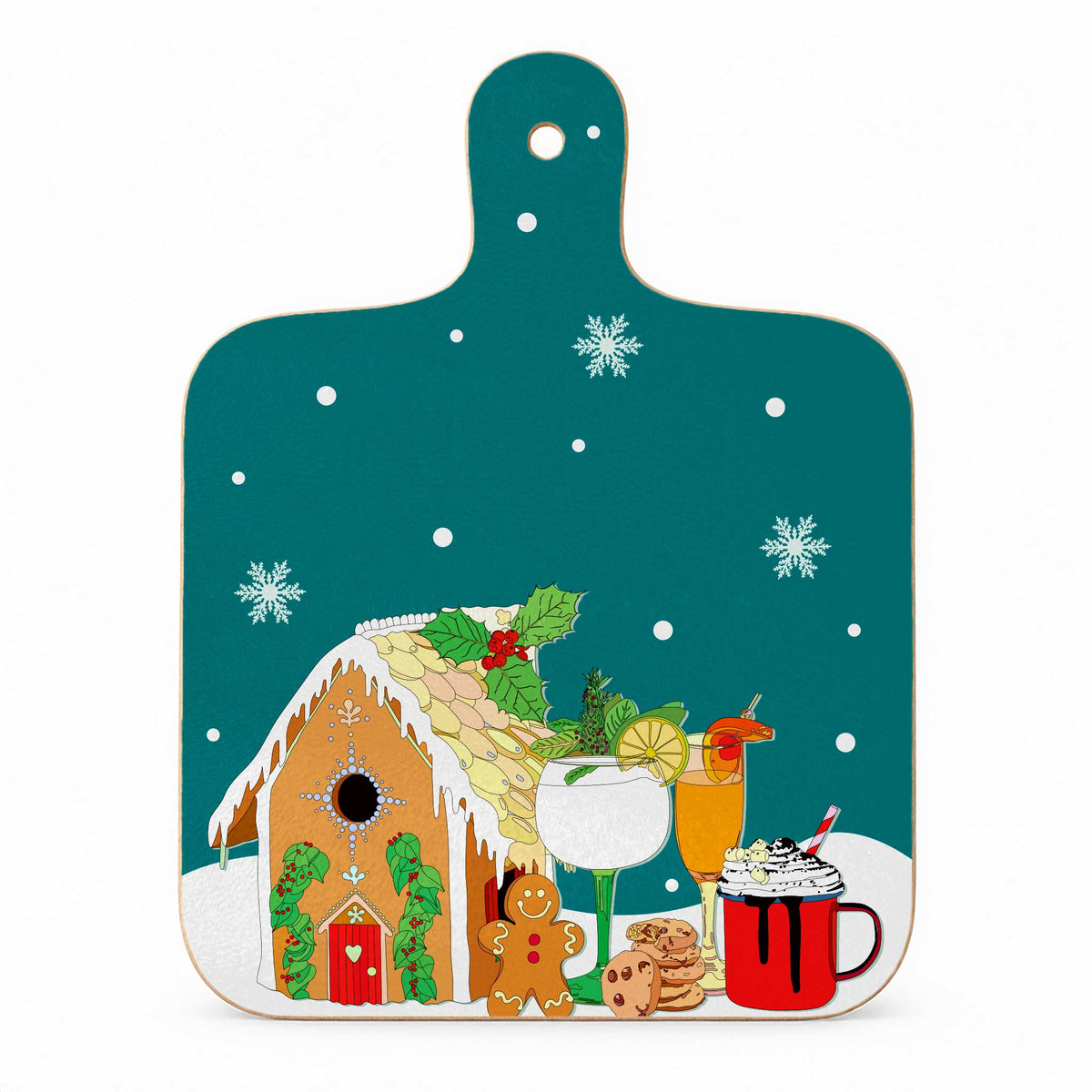 Christmas foodie melamine mini chopping board with gingerbread house, festive drinks, cookies and hot chocolate on a teal snowy background.