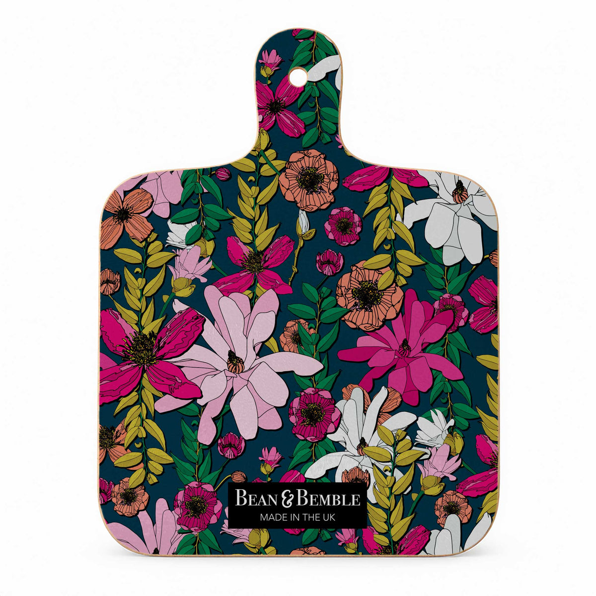 Reverse of Vivid Blooms mini cheese board with an all-over floral pattern in pink, peach, white, green and mustard on a dark navy background.