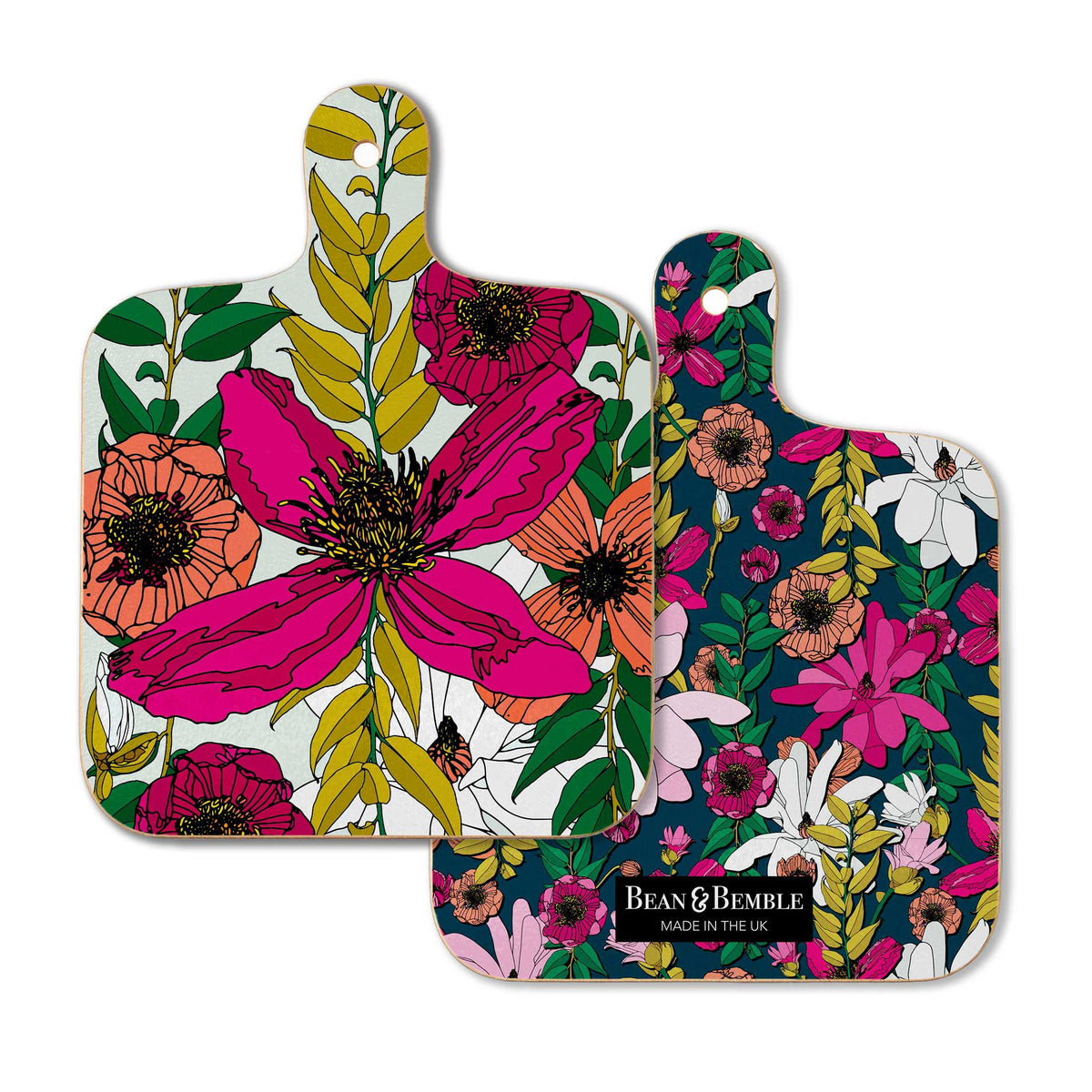 Double-sided Vivid Blooms melamine cutting board showing the bold floral design on the front and coordinating dark floral pattern on the reverse.