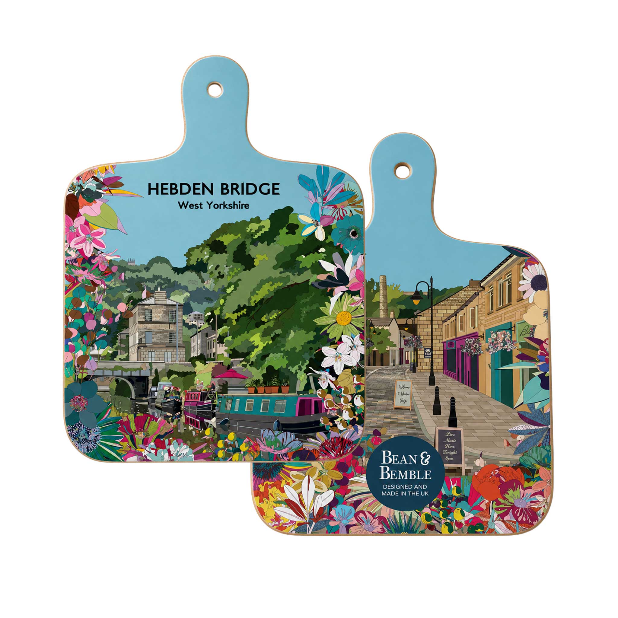 Front and back of double-sided Hebden Bridge mini chopping board showing Rochdale Canal and Bridge Gate designs.