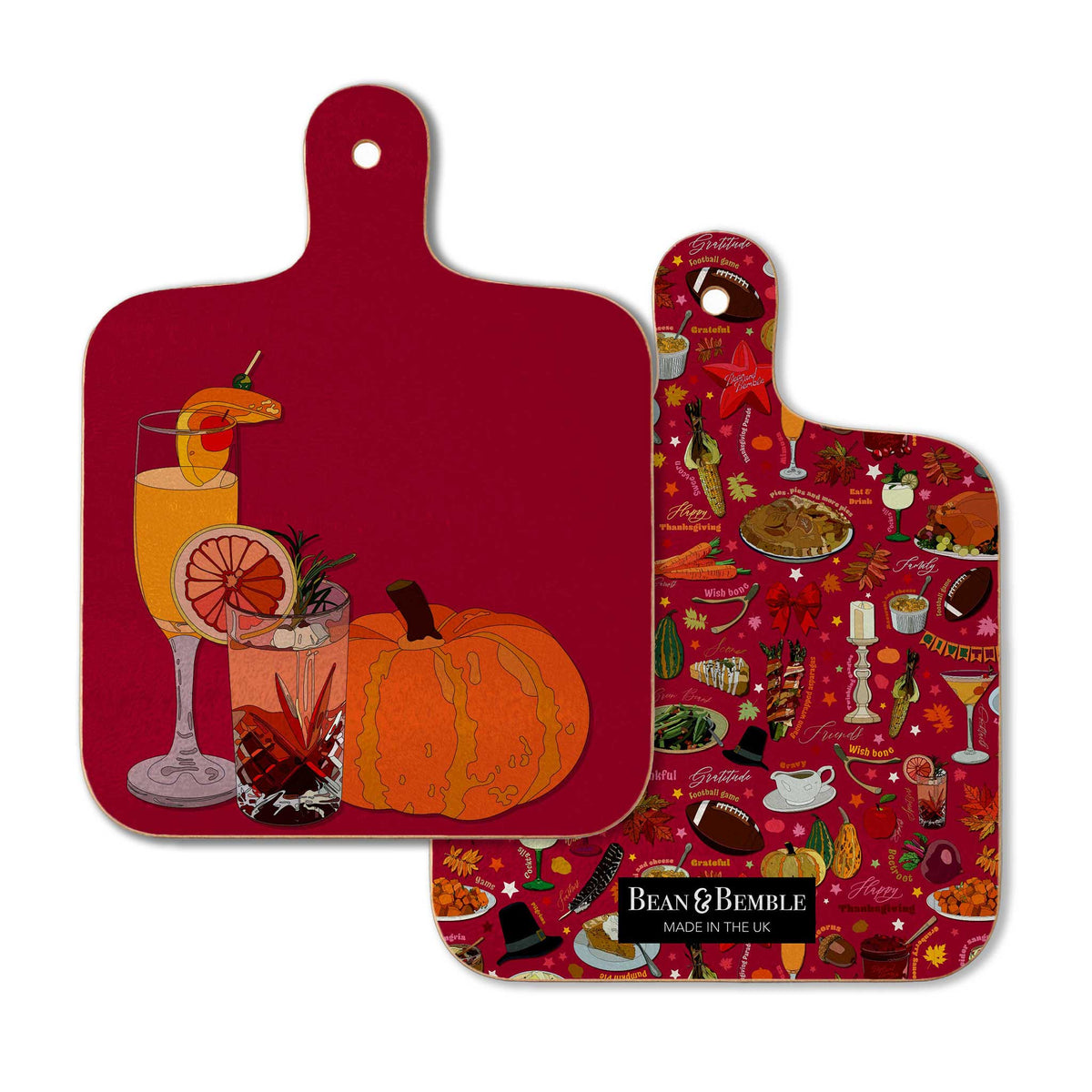 Double-sided Thanksgiving melamine cutting board showing the autumn cocktail and pumpkin design on the front and coordinating Thanksgiving pattern on the reverse, perfect as a small chopping board or cheese board.