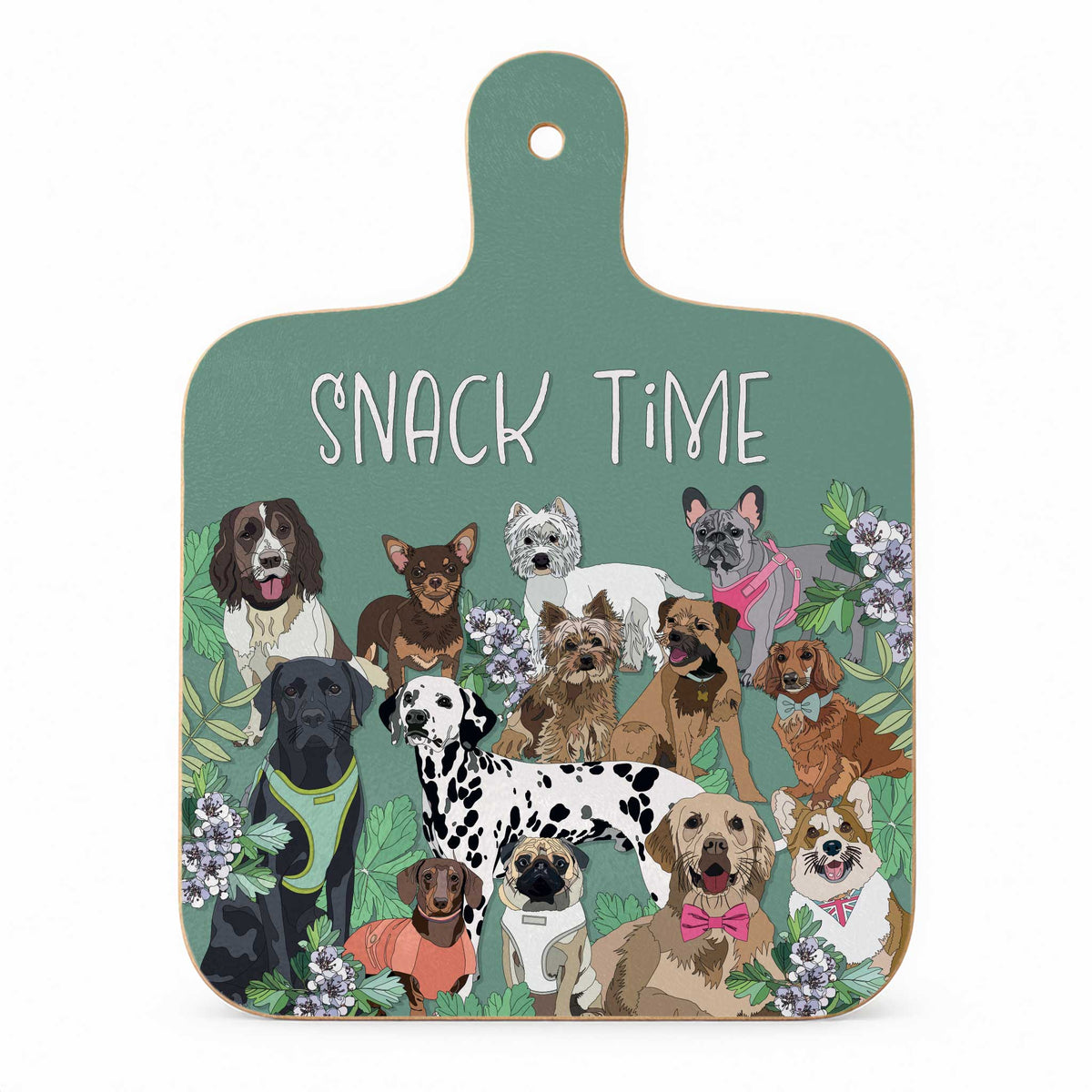Walkies dogs melamine mini chopping board featuring assorted dog breeds, floral details and “Snack Time” lettering on a soft green background.