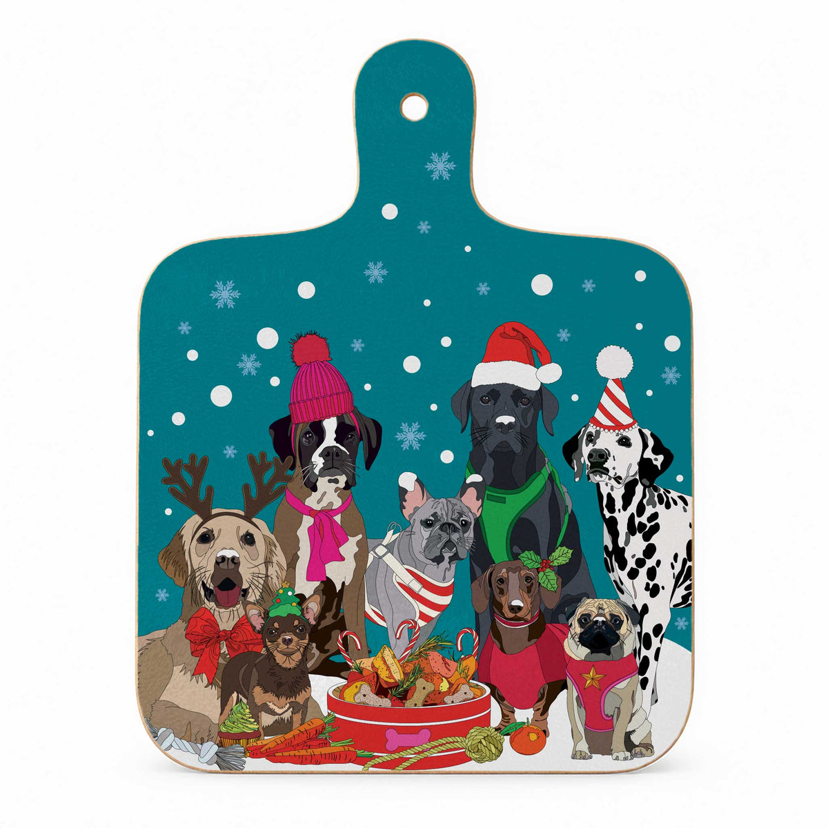 Christmas dogs mini chopping board with a festive dog illustration on a teal snowy background, featuring dogs in hats and scarves around a bowl of treats.