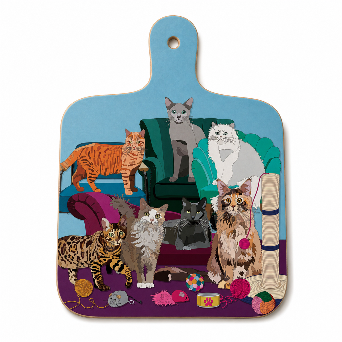 Cat-themed chopping board with colorful cat collage and hanging loop handle