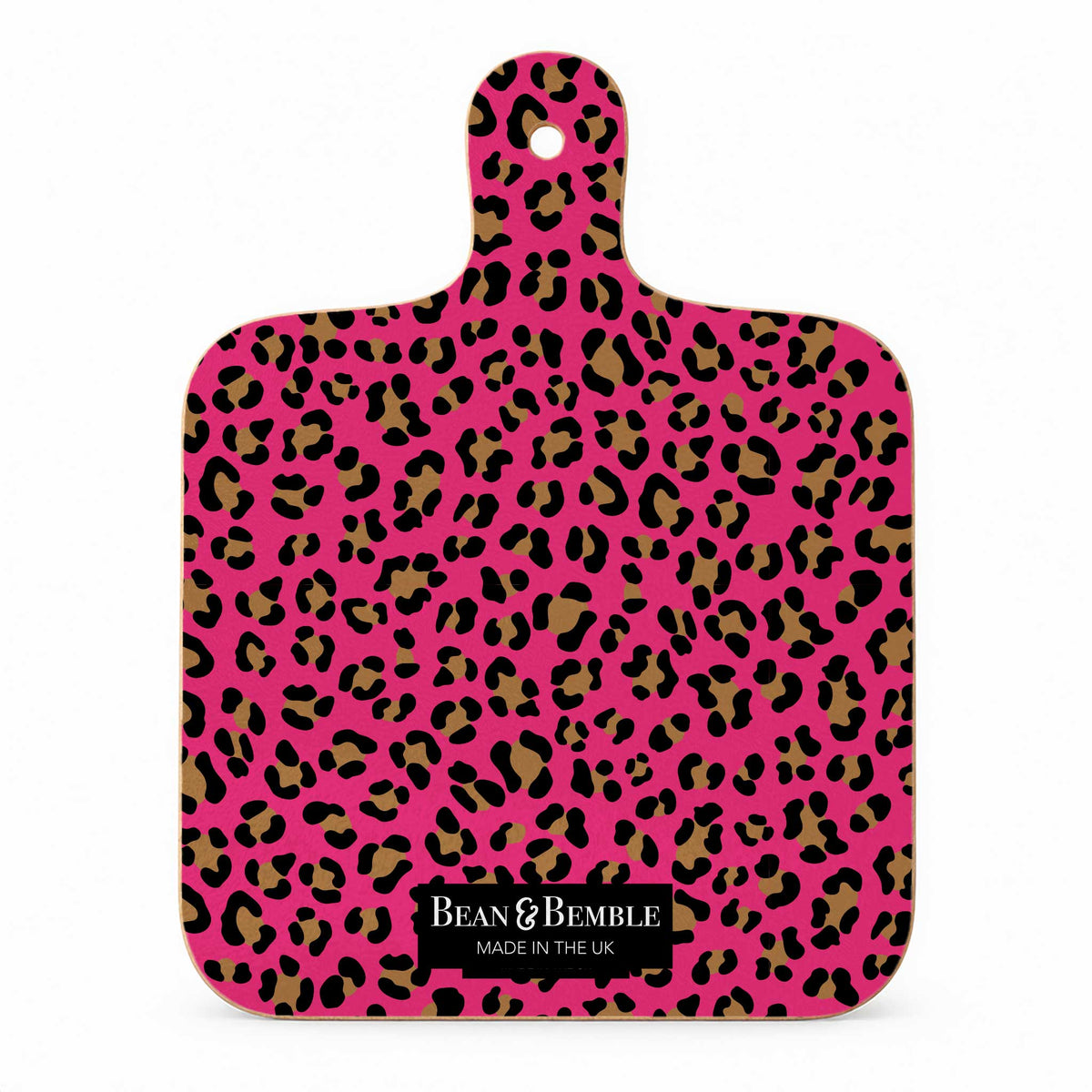 Reverse of bestselling Wild Cat mini cheese board with bold hot pink leopard print in black and gold, finished with Bean and Bemble branding.