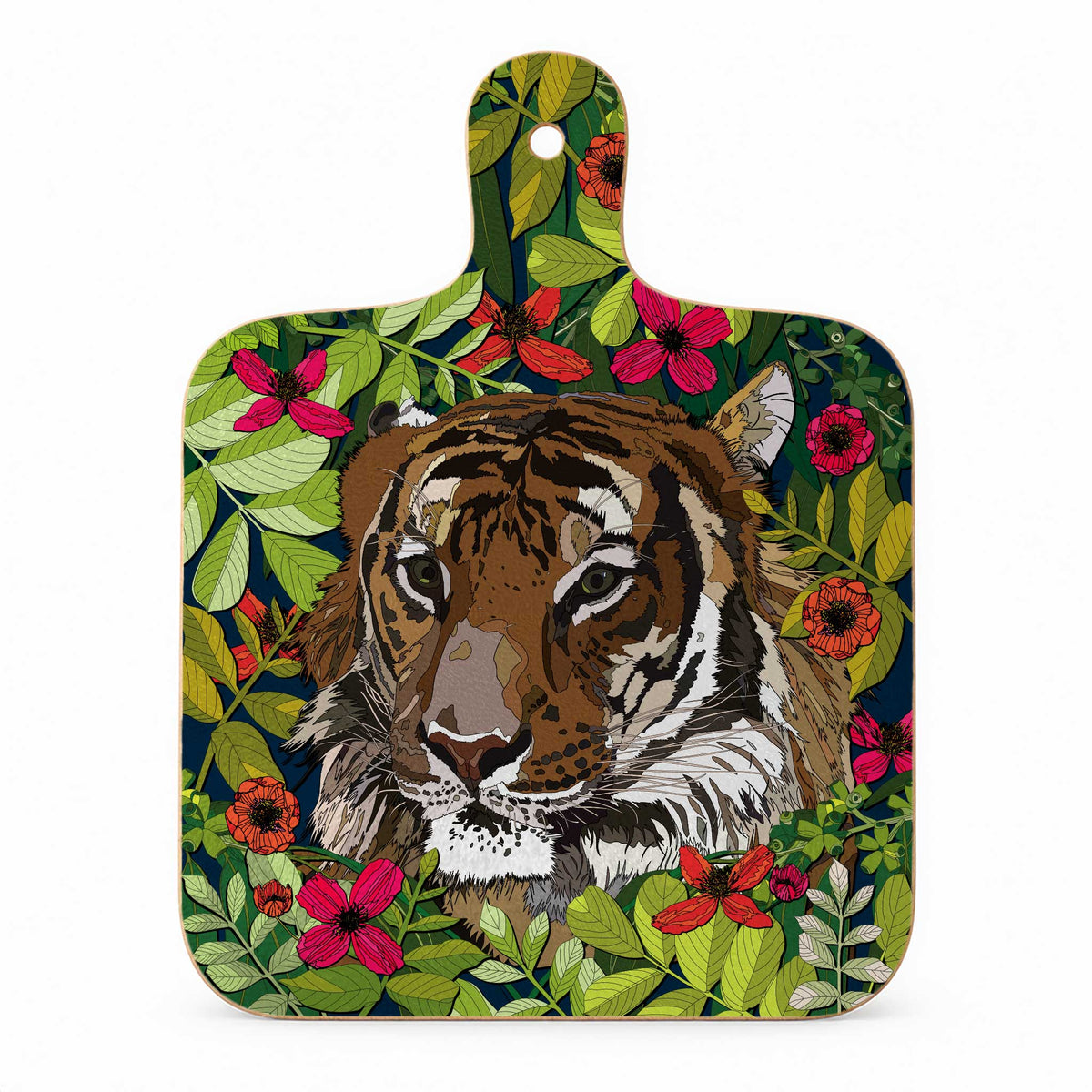 Wild Cat tiger melamine mini chopping board featuring a hand-illustrated tiger surrounded by lush green foliage and vivid pink, coral and orange flowers.