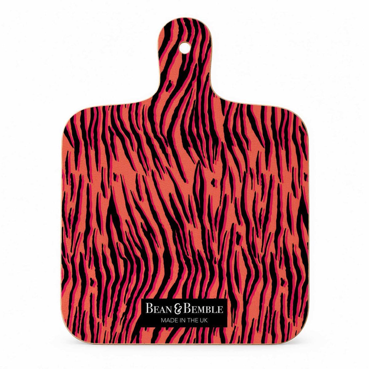 Reverse of Wild Cat tiger mini cheese board with a bold coral, pink and black tiger stripe pattern, finished with Bean and Bemble branding.
