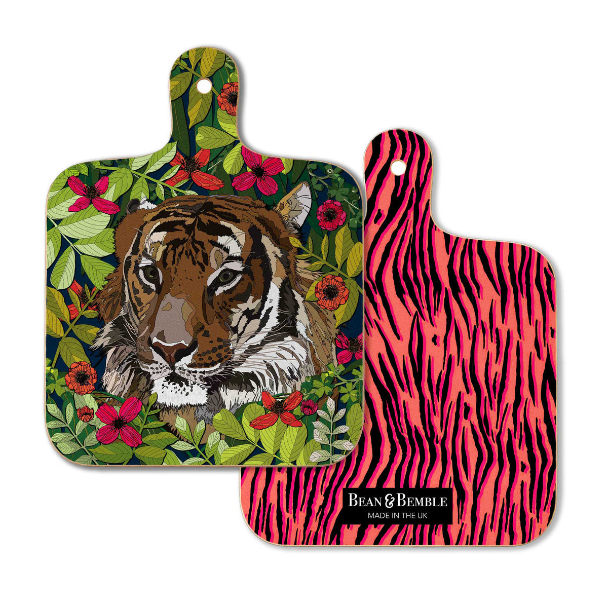 Double-sided Wild Cat tiger mini cutting board showing the floral tiger illustration on the front and coordinating coral, pink and black tiger stripe design on the reverse.