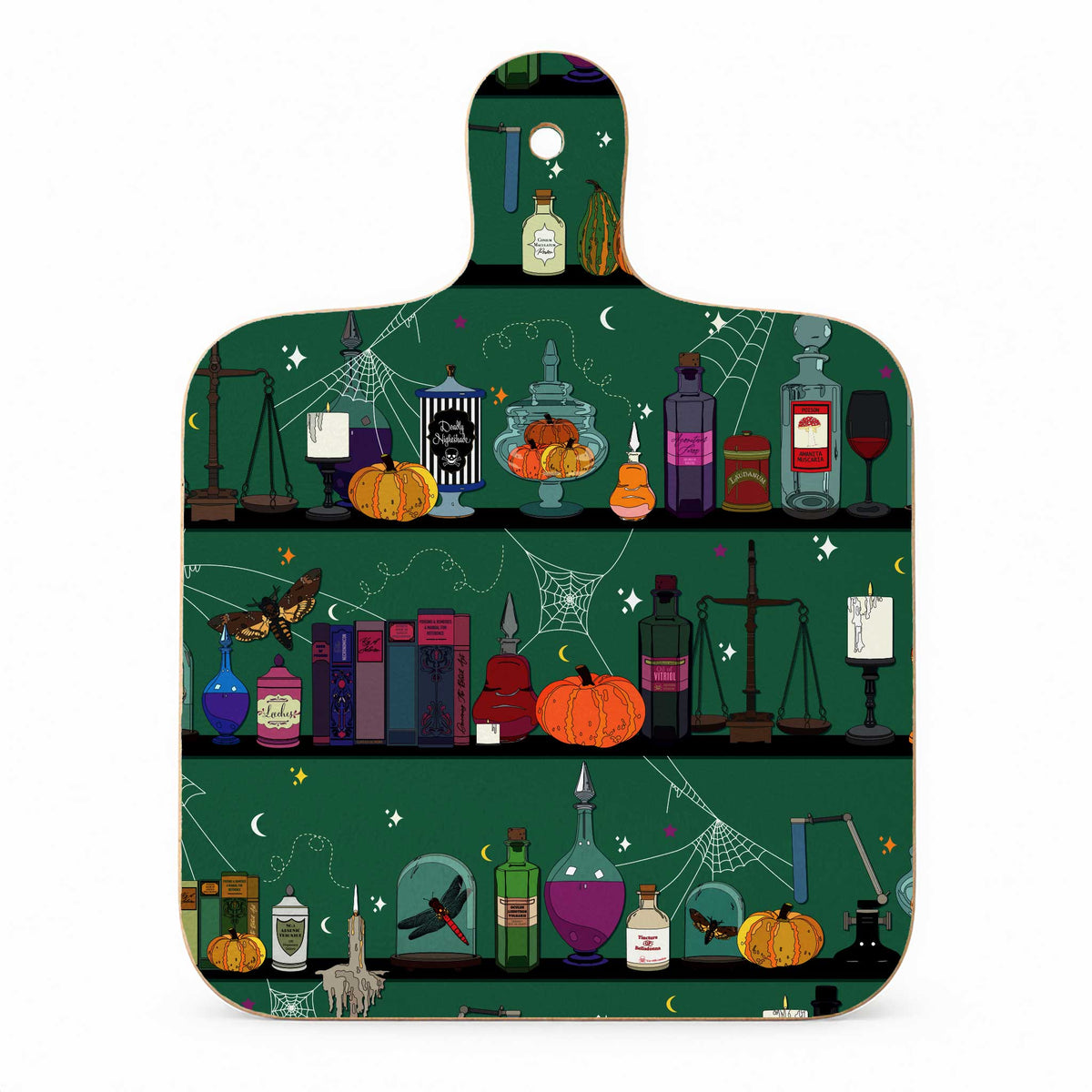 Witches Apothecary Halloween melamine mini chopping board with illustrated potion bottles, pumpkins, candles, cobwebs and magical curios on a dark green background.