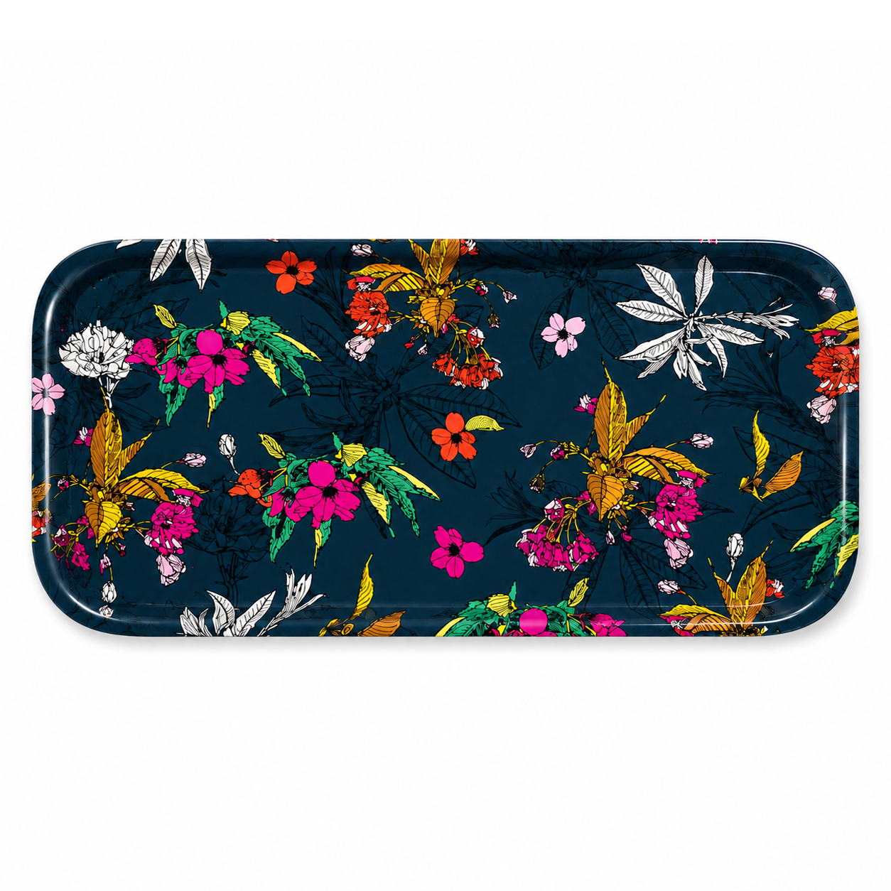 Cherry Blossom small rectangular melamine tray with colourful hand-drawn flowers on a deep navy background.