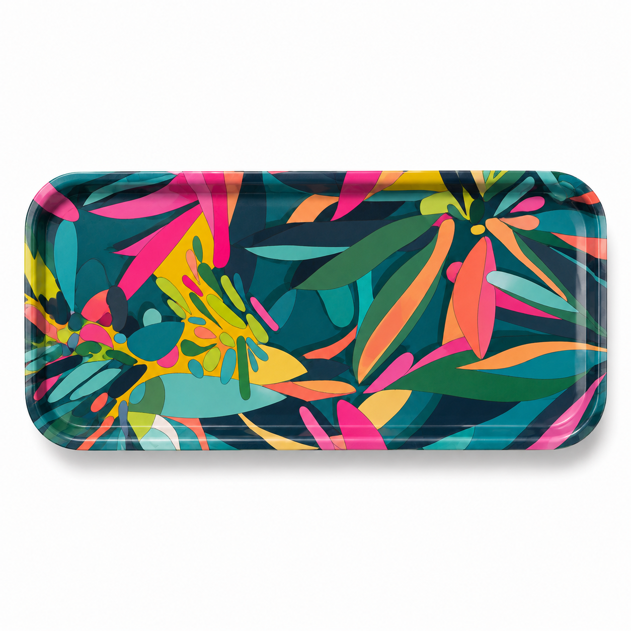 Sea Aster teal small rectangular melamine tray with colourful abstract pink, green, yellow and coral design.