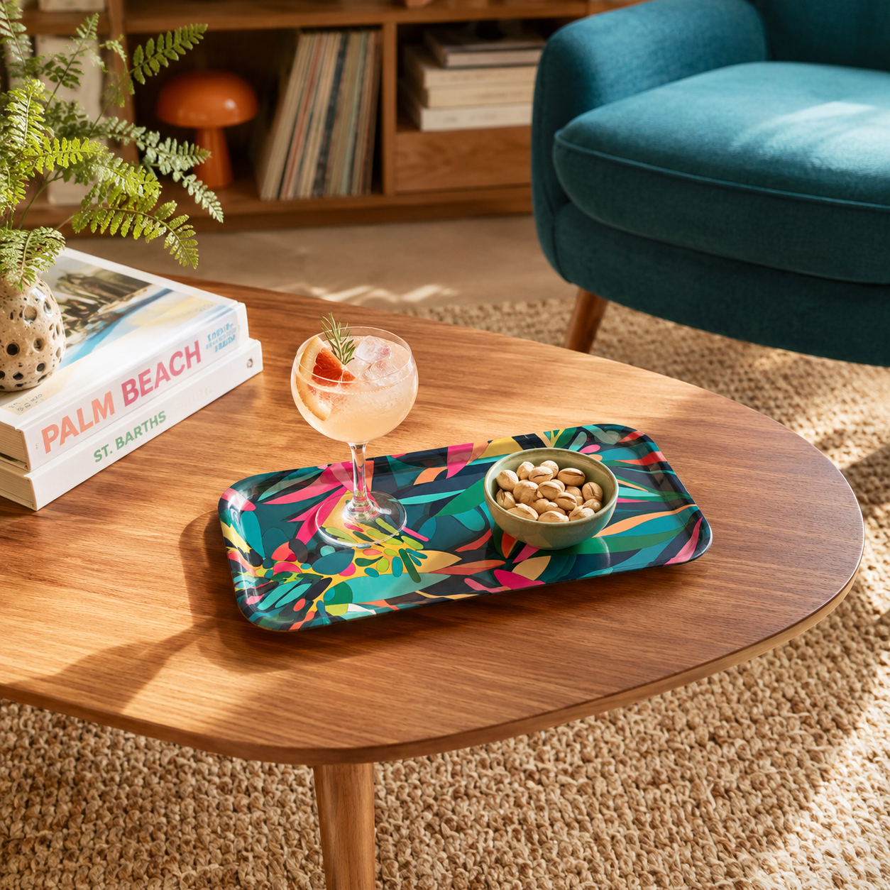 Sea Aster teal abstract patterned small melamine serving tray with two rows of savoury vol-au-vents.