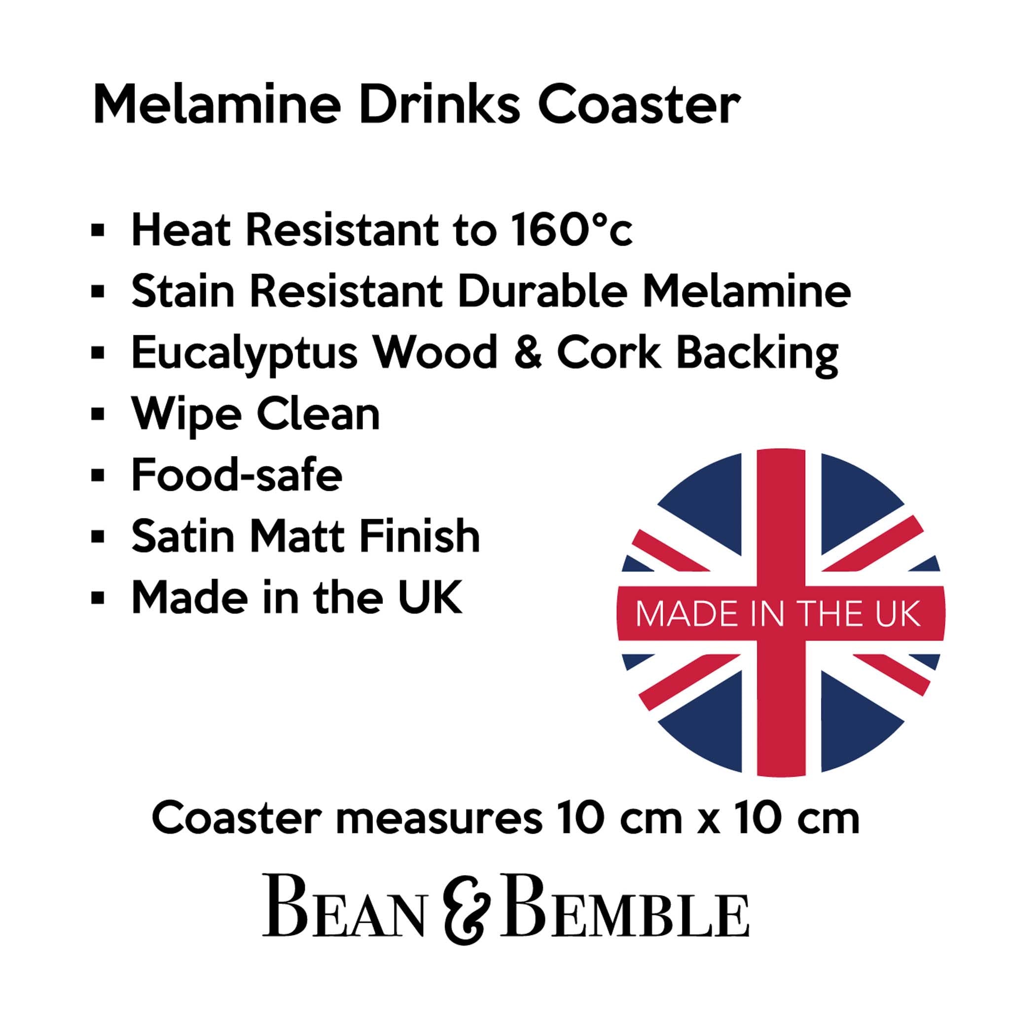 Melamine drinks coaster product graphic with UK flag and size details