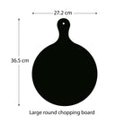 Large round black chopping board with hanging hole and cutout handle