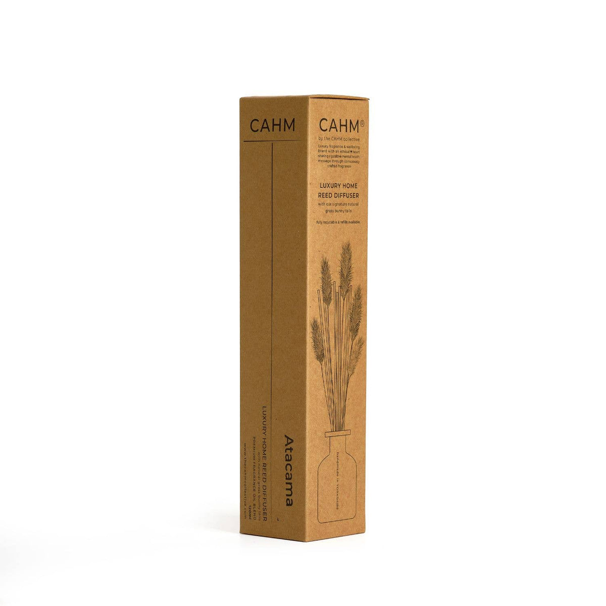 Atacama reed diffuser gift box with bottle graphic and CAHM branding
