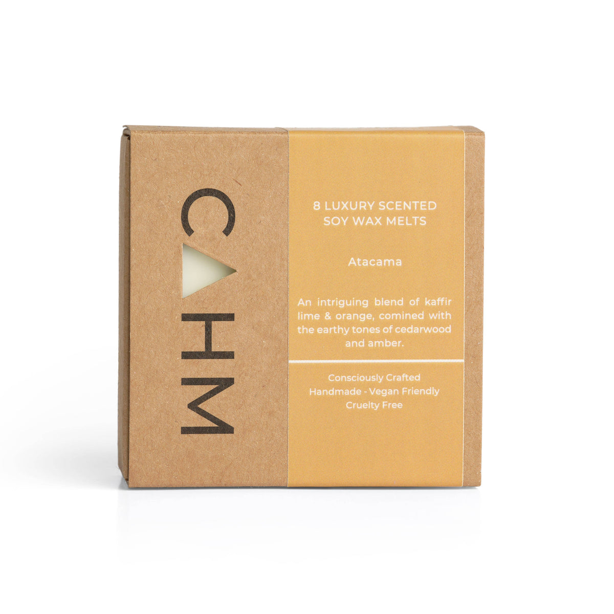 Kraft cardboard soy wax melt box with Atacama logo and hinged lid, sealed