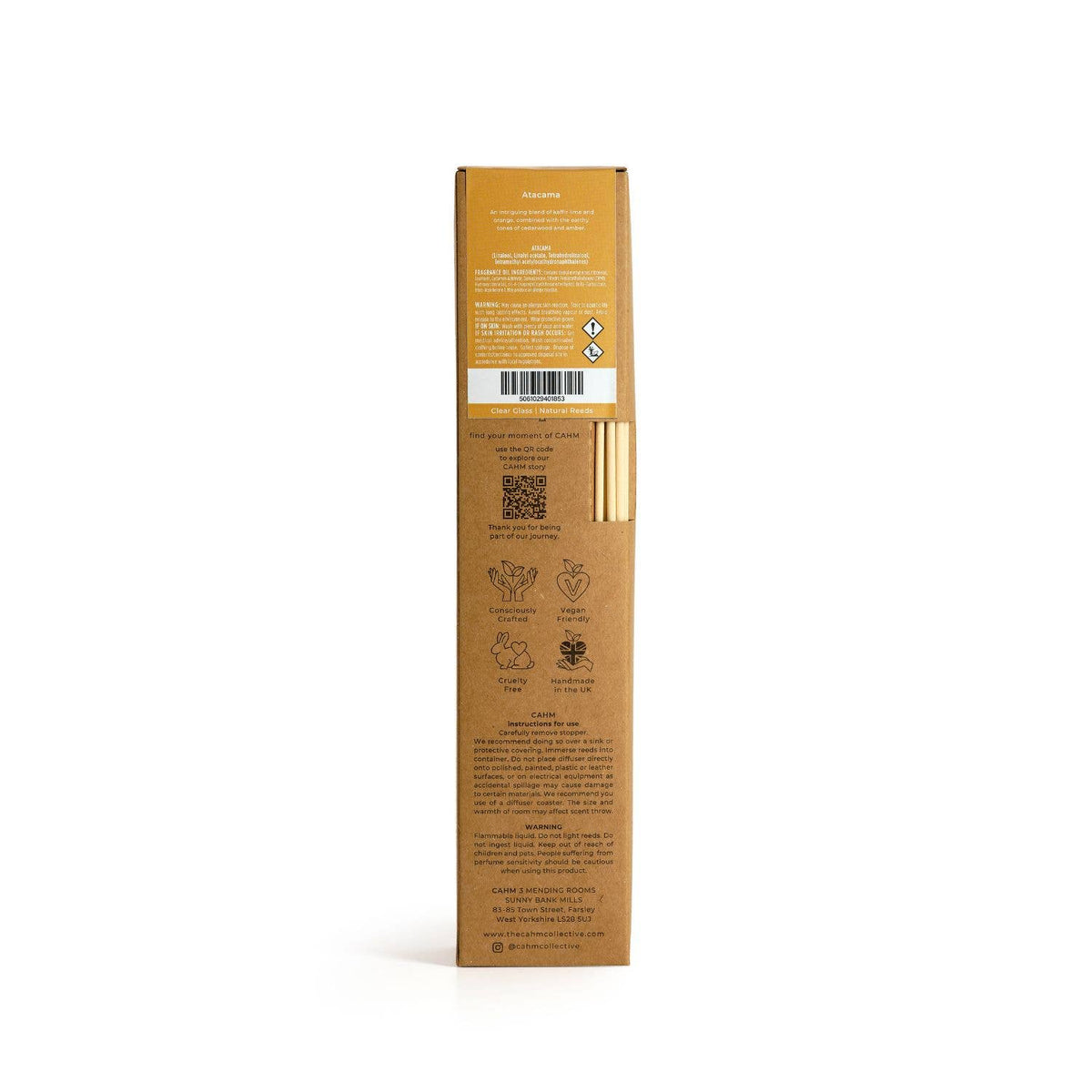 Reed diffuser box back panel with printed instructions, barcode, and icons