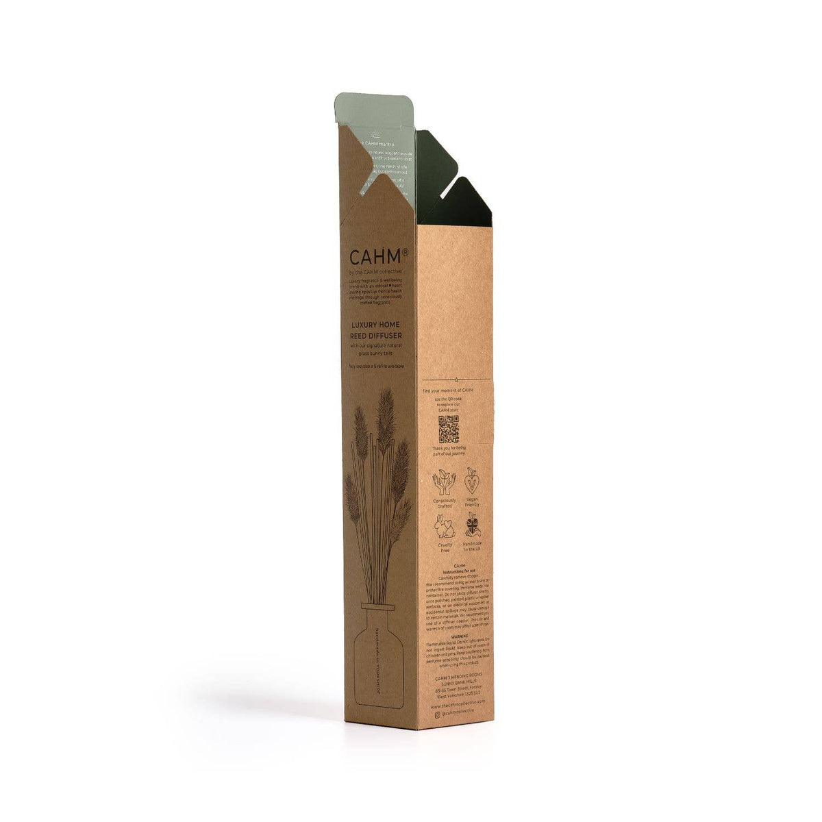 Reed diffuser box side with bottle illustration, icons, and CAHM branding