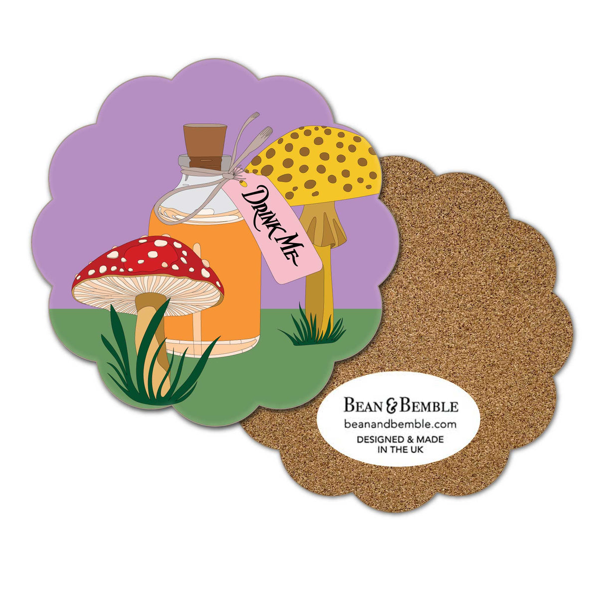 Alice in Wonderland Drink Me scallop coaster with illustrated bottle, red and yellow toadstools, and cork backing.