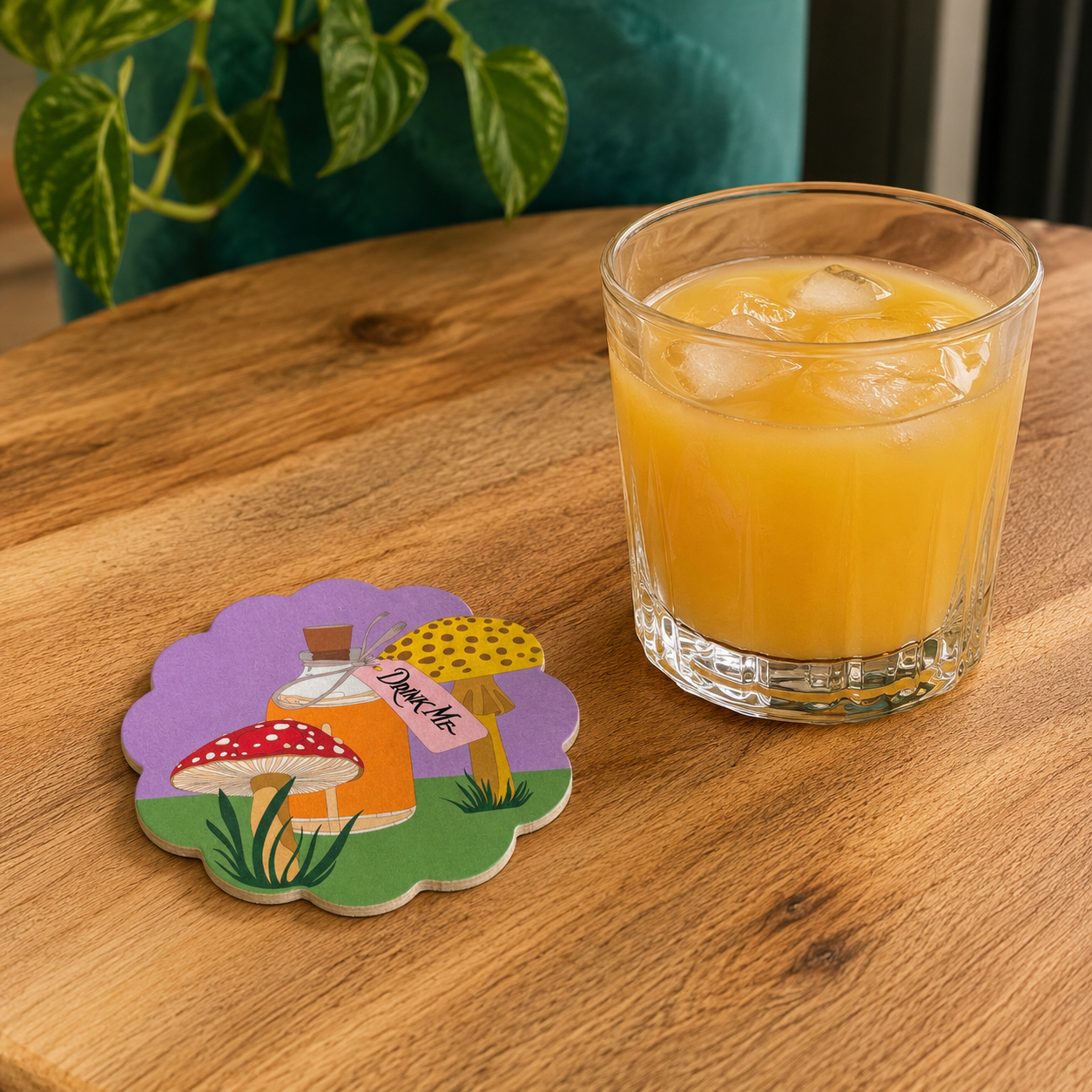 Drink Me Alice in Wonderland scallop coaster styled on a wooden table beside a glass of orange drink.