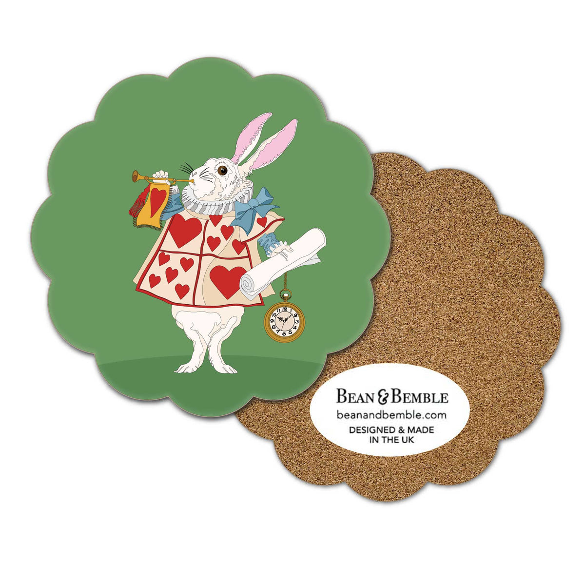 Alice in Wonderland White Rabbit scallop coaster with illustrated rabbit, trumpet, scroll and pocket watch on a green background.