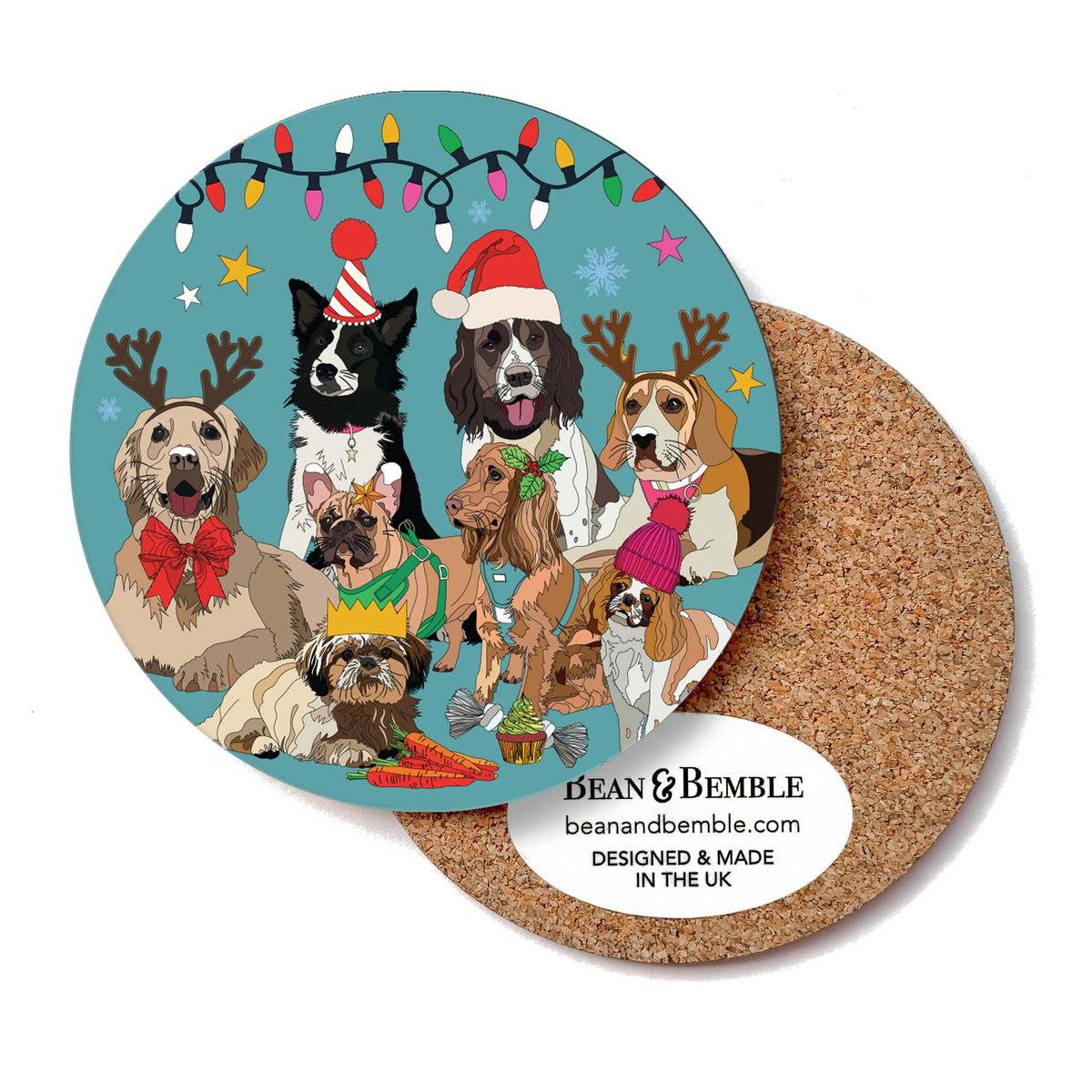 Round cork-backed coaster with illustrated winter dogs wearing hats and scarves