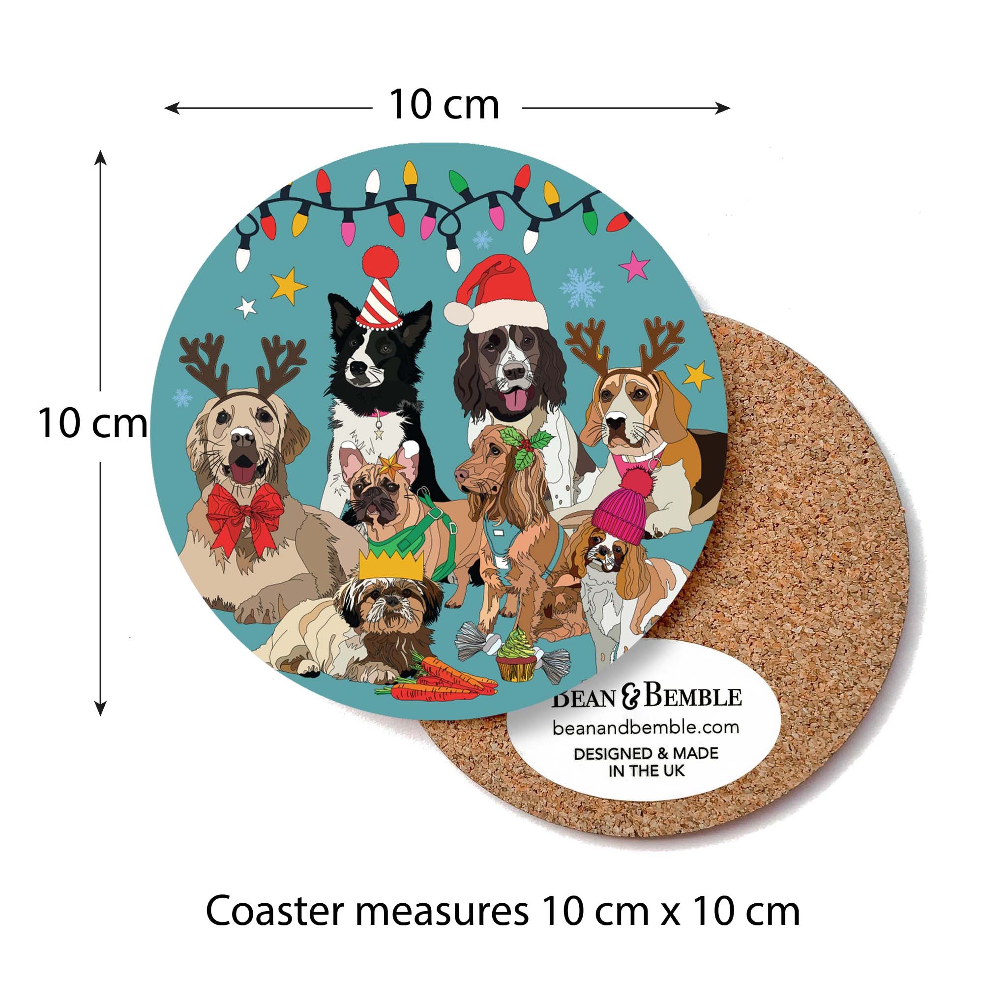 Round cork-backed coaster with illustrated winter dogs; measures 10 cm x 10 cm