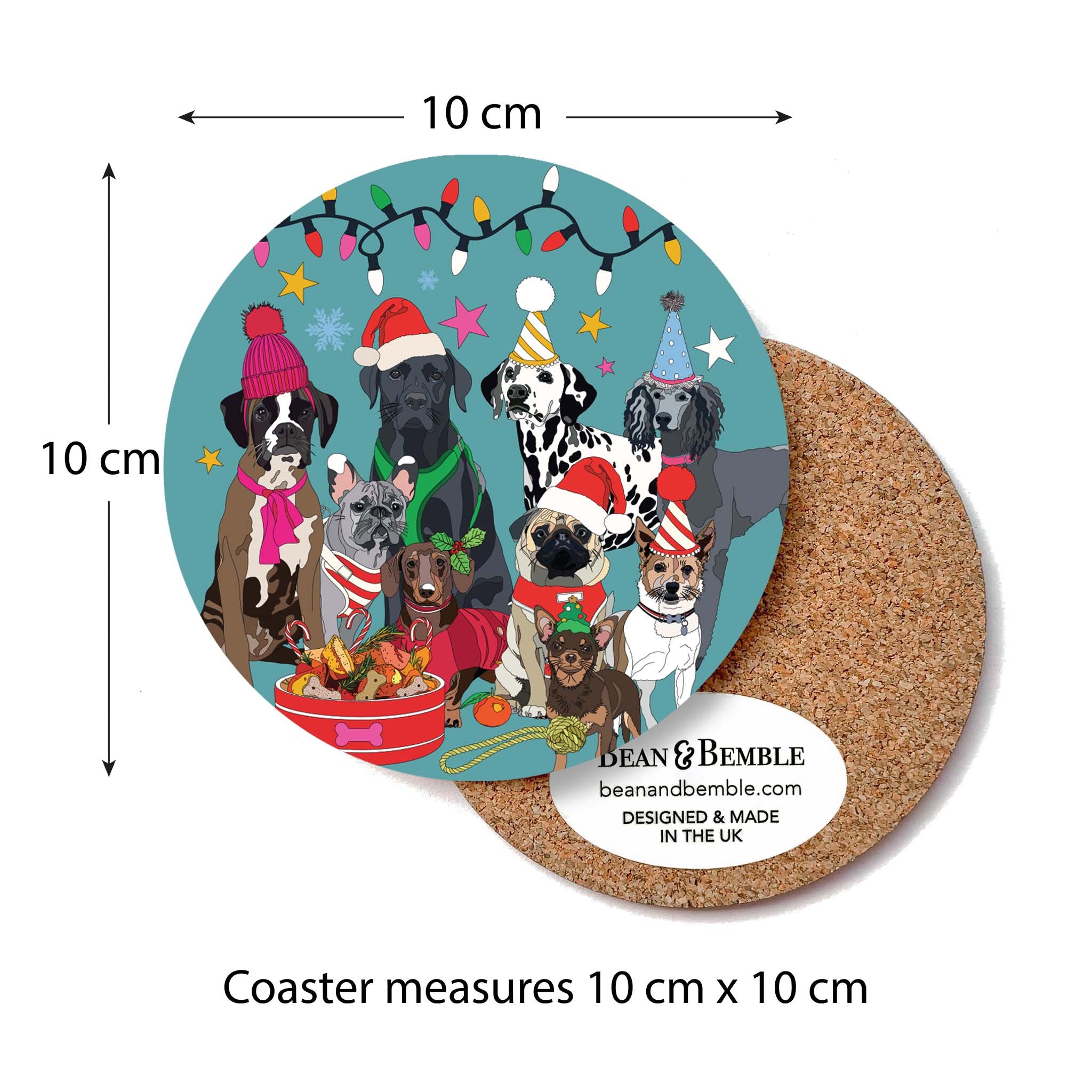 Round cork-backed coaster with illustrated winter dogs; measures 10 cm x 10 cm