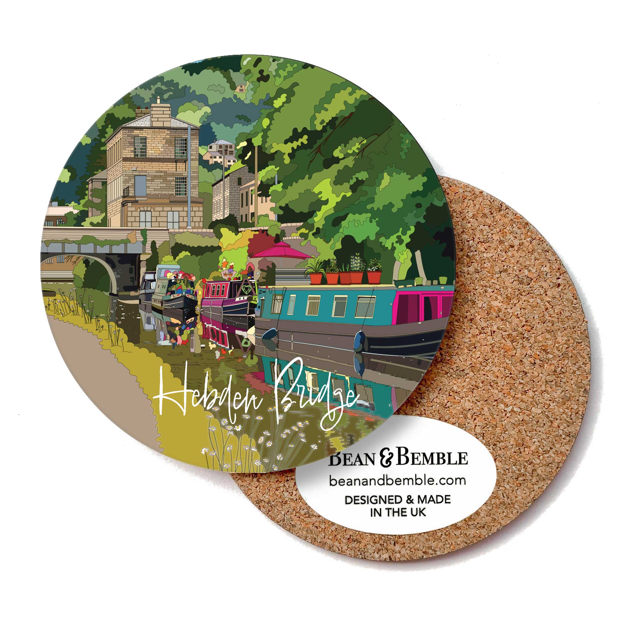 Hebden Bridge Rochdale Canal melamine coaster featuring colourful narrowboats, stone buildings and green Yorkshire hills.