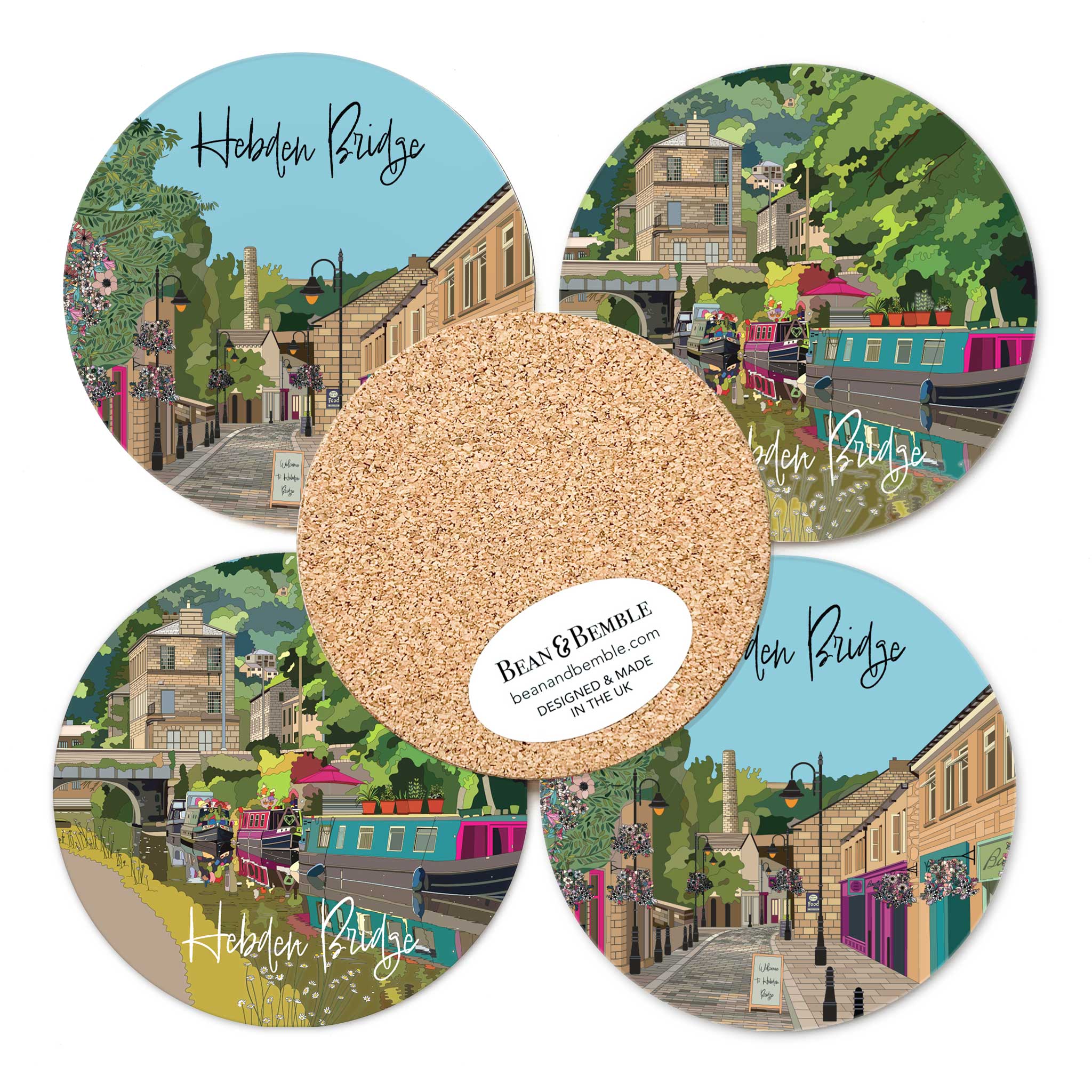 Round melamine coasters set with colorful Hebden Bridge street artwork