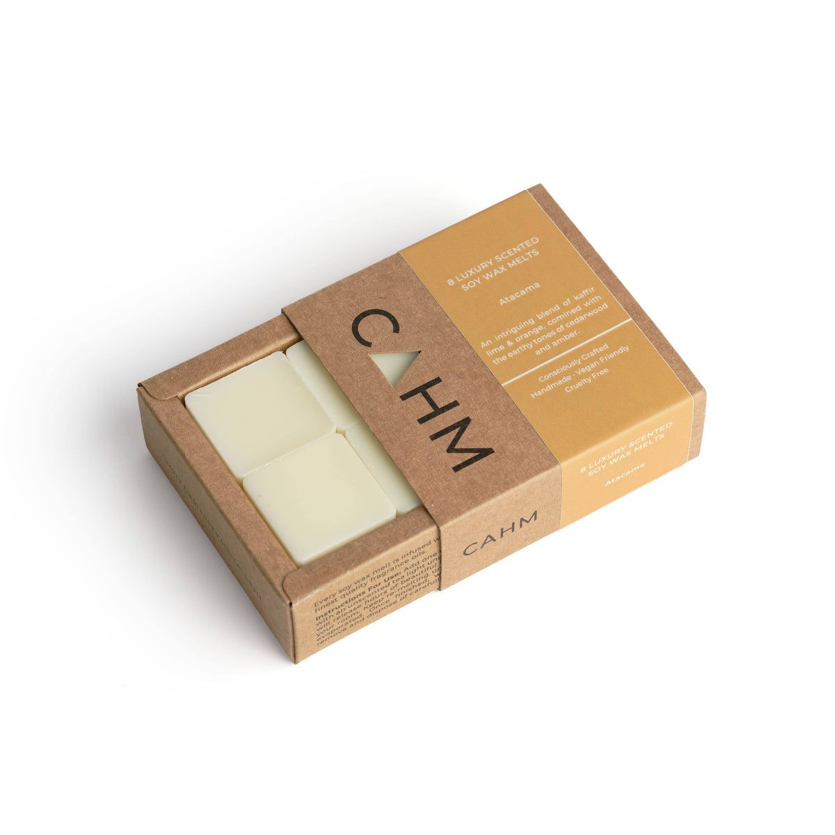 Open kraft soy wax melt box with hinged tray holding pale wax melts