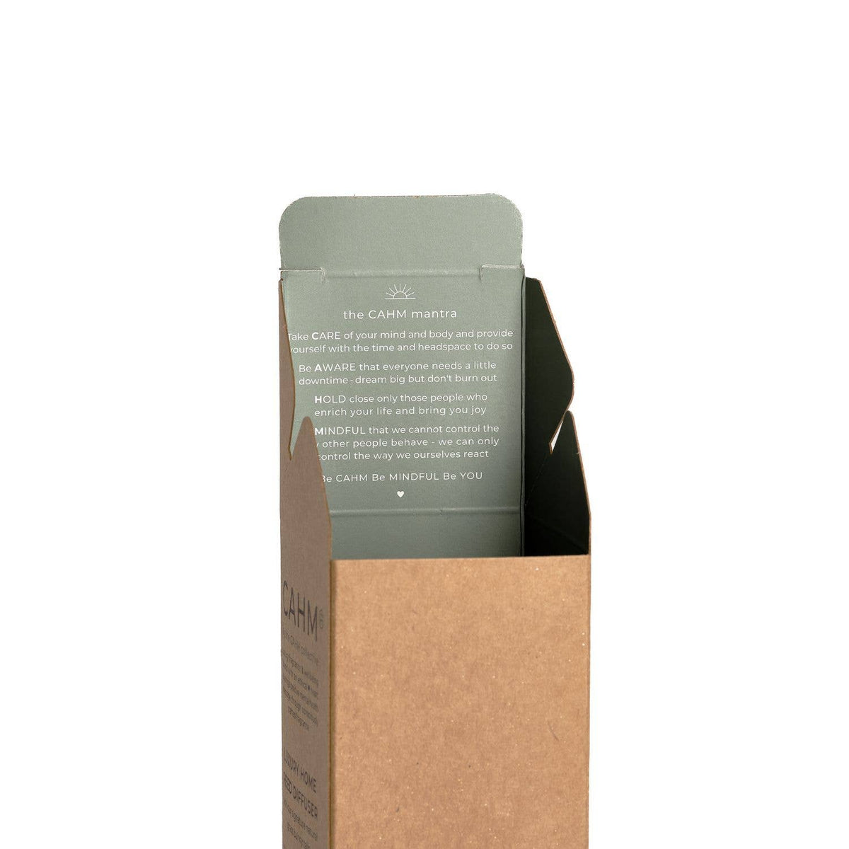 Reed diffuser box front with green insert and gold-toned printed text