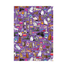 Whiskers cat wrapping paper sheet with Siamese, Bengal, Sphynx, Persian, Maine Coon and tabby cats on a purple background.