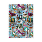 Whiskers Cats on Sofas gift wrap sheet featuring colourful illustrated cats, armchairs, sofas and cat toys on a turquoise blue background.