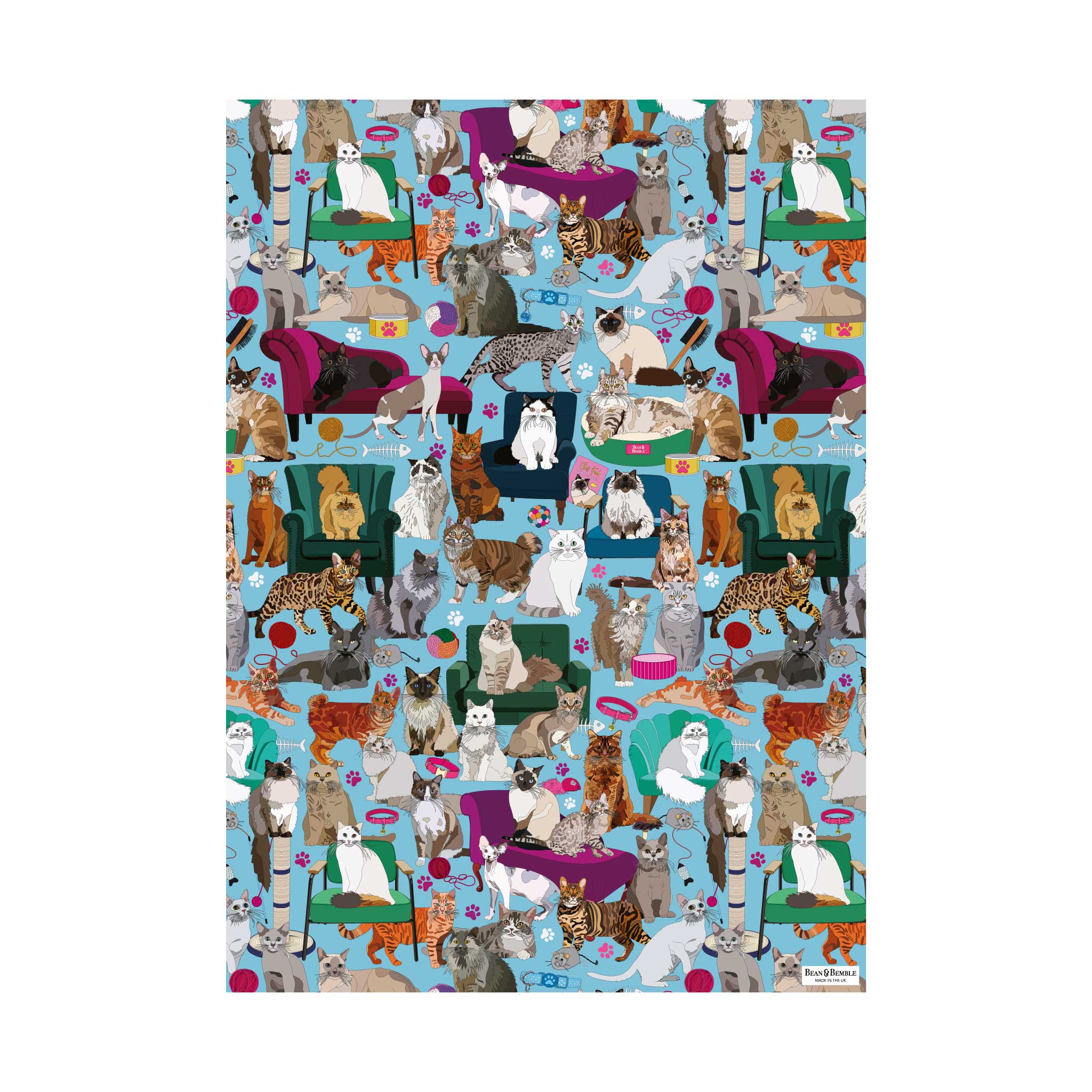 Whiskers Cats on Sofas gift wrap sheet featuring colourful illustrated cats, armchairs, sofas and cat toys on a turquoise blue background.