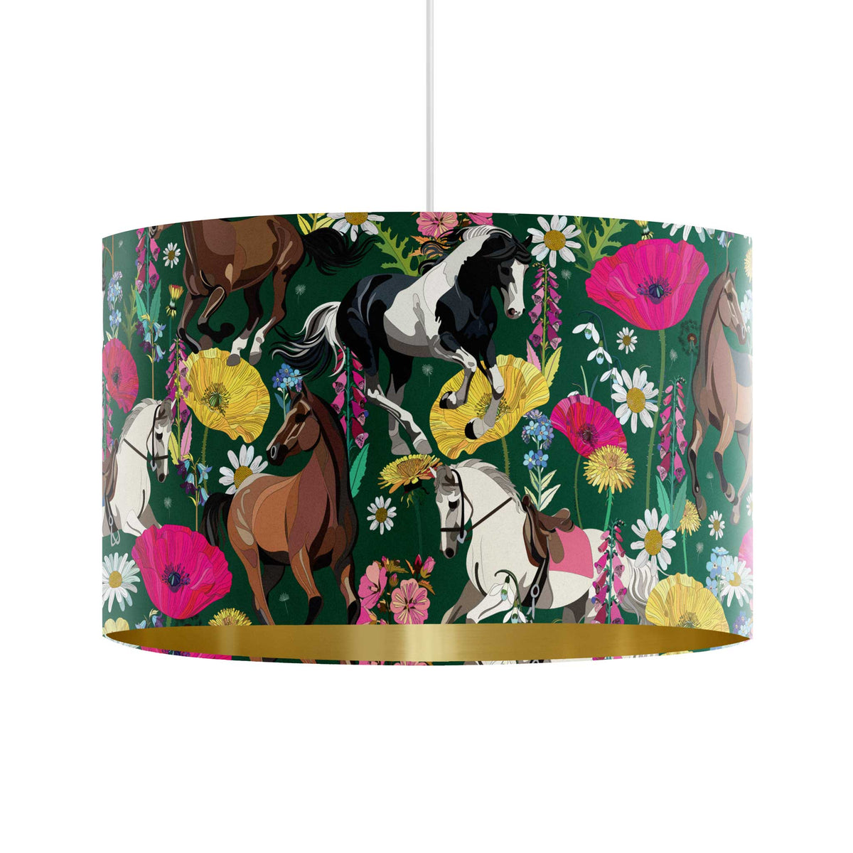 A drum pendant lampshade featuring a detailed pattern of various horses and wildflowers on a dark green background, with a metallic gold inner rim, shown against a plain white background.