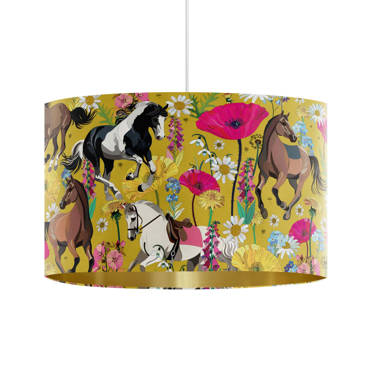 A drum-shaped hanging lampshade with a vibrant yellow background and an all-over print of horses, poppies, and wildflowers. The lampshade is shown against a plain white background with a white cord hanging from the top.