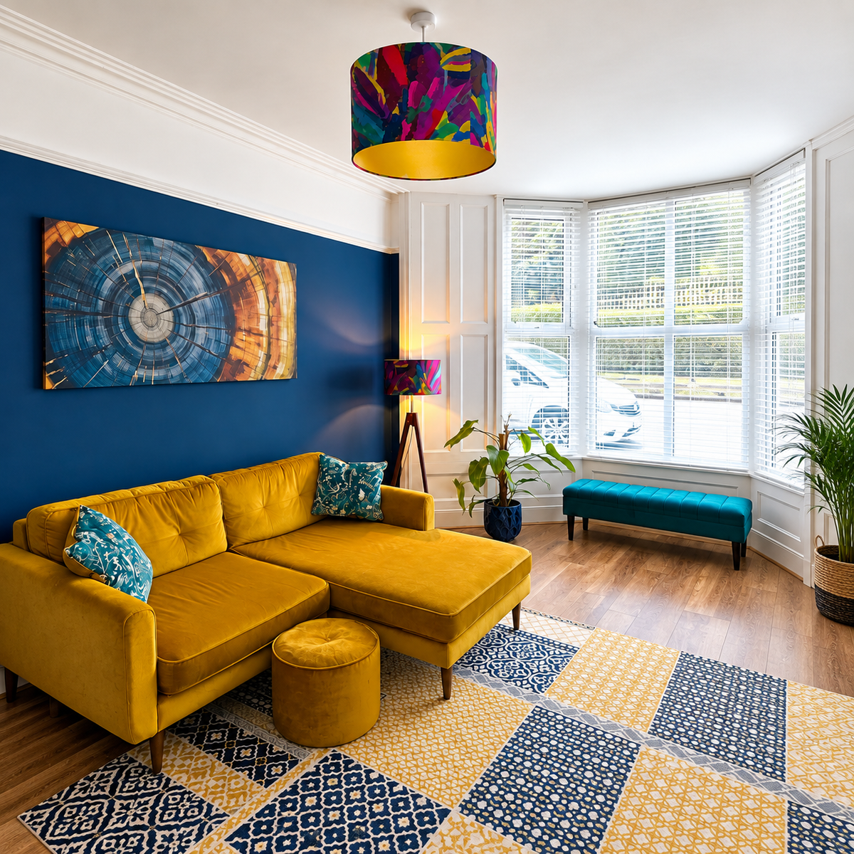Colourful abstract velvet ceiling lampshade with rich pink, teal, green and purple tones and a gold inner, styled in a bright living room with a mustard velvet sofa, navy feature wall and matching table lamp.